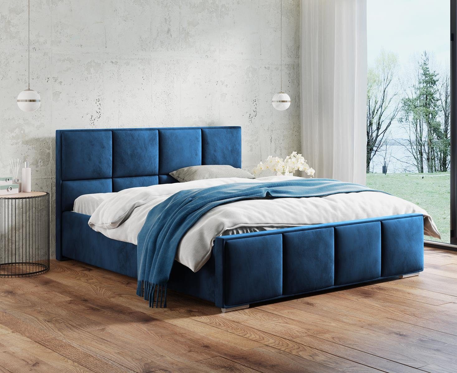 Beautysofa Polsterbett Quatro (140 / 160 / 180 cm), Metallgestell, Bett mit Kopfteil, große Bettkasten, Gashebebühne Marineblau (kronos 09)