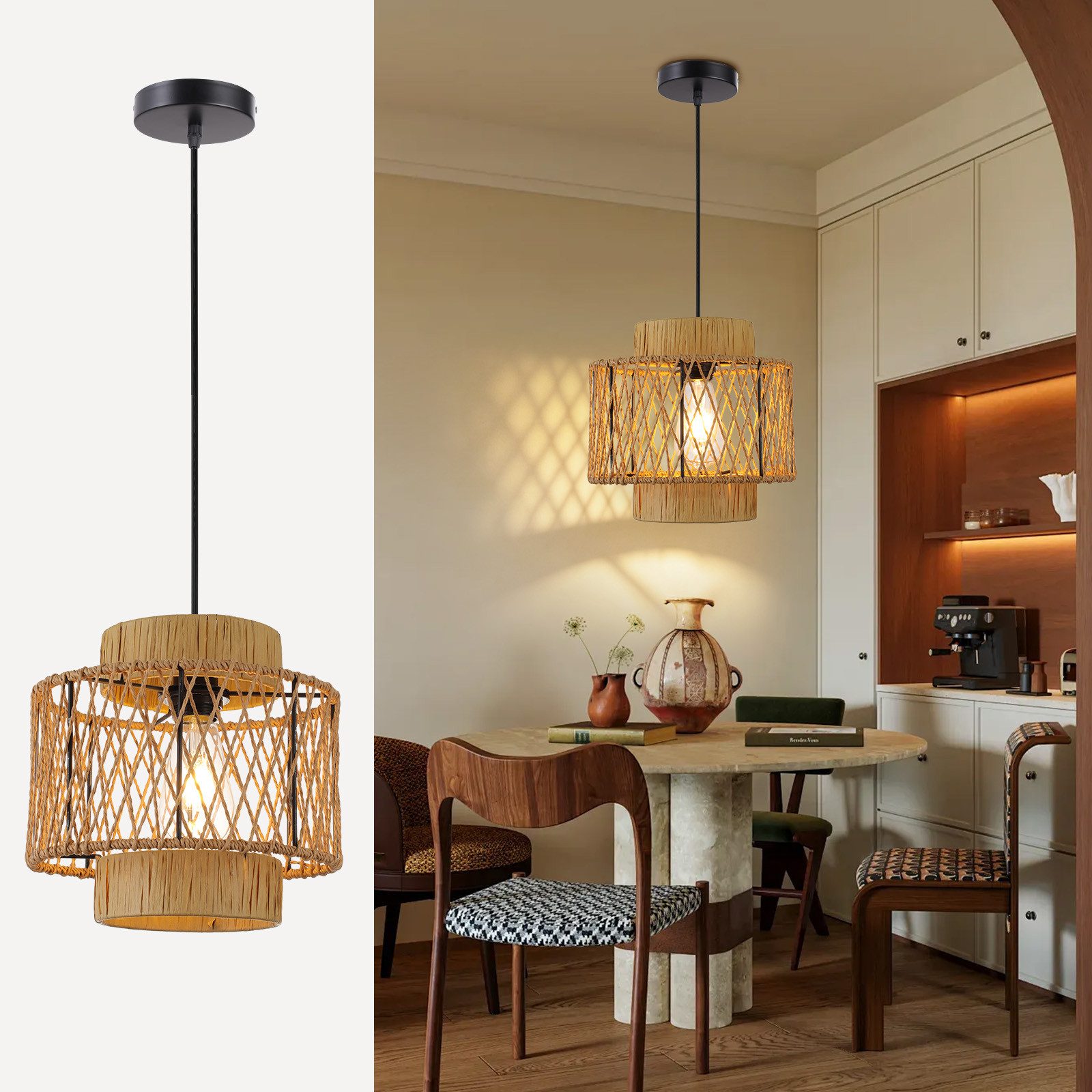 JDONG Pendelleuchte Boho Style Hängelampe 26CM Papierflechten Lampenschirm E27, ohne Leuchtmittel, Esstisch Vintage Hängeleuchte,Braun Deckenlampe, hängend,Vintage,Dekorative Möbel,Für,Wohnzimmer,Esszimmer,Flur,Küche