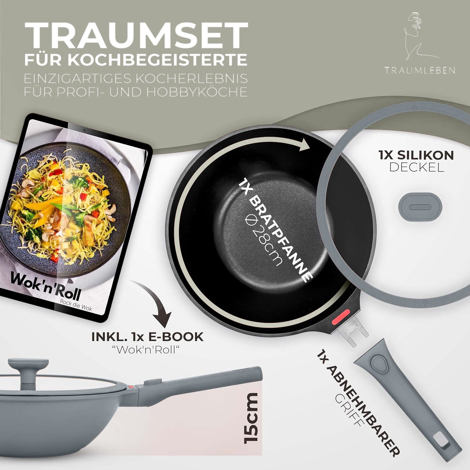 TRAUMLEBEN Wok 28 cm Wokpfanne mit Deckel, abnehmbarer Griff, Antihaftbeschichtung, aus Aluminium, für Induktion geeignet, backofenfest, hoher Rand