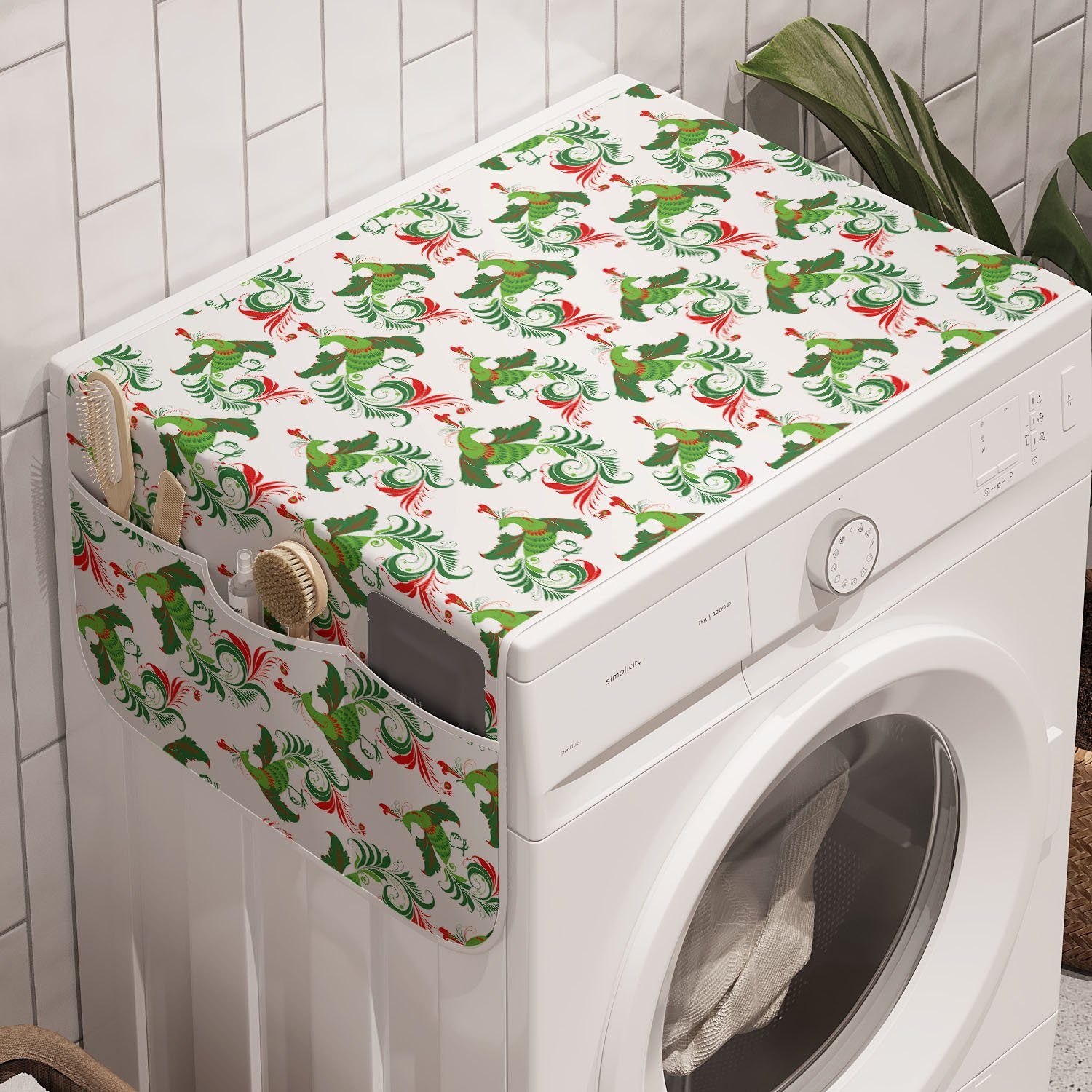 Vögel Waschmaschine Weihnachten Grünes und Anti-Rutsch-Stoffabdeckung Trockner, für Badorganizer Folk Abakuhaus Illustration