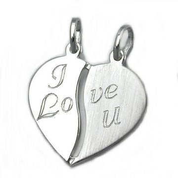 unbespielt Herzanhänger Kettenanhänger Partneranhänger Anhänger Doppelanhänger Herz mit Gravur - I LOVE U - 925 Silber 18 x 17 mm inkl. kl. Schmuckbox, Silberschmuck für Damen und Herren