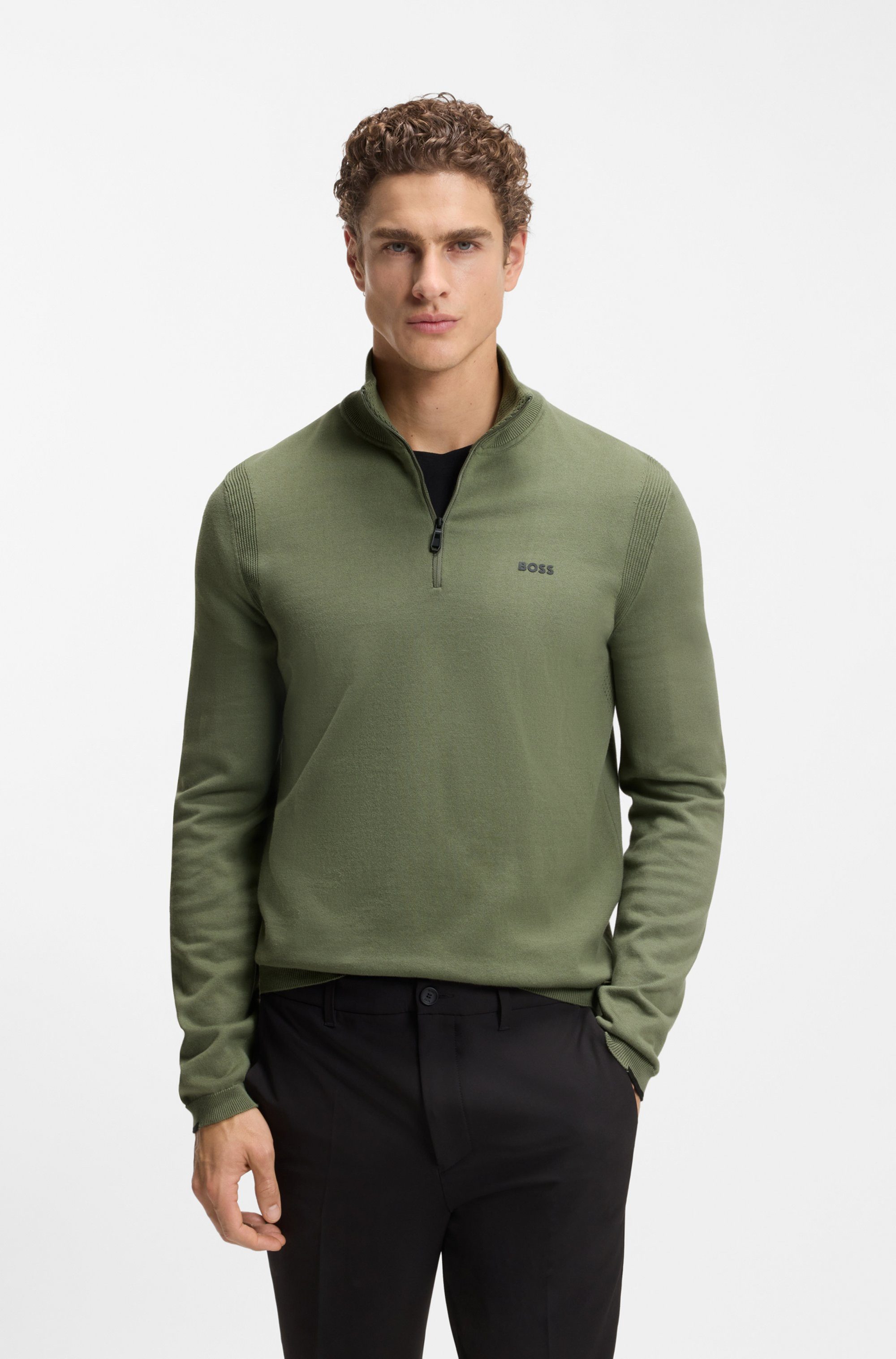 BOSS GREEN Strickpullover Stehkragen mit Reißverschluss, Regular fit, Logo- günstig online kaufen