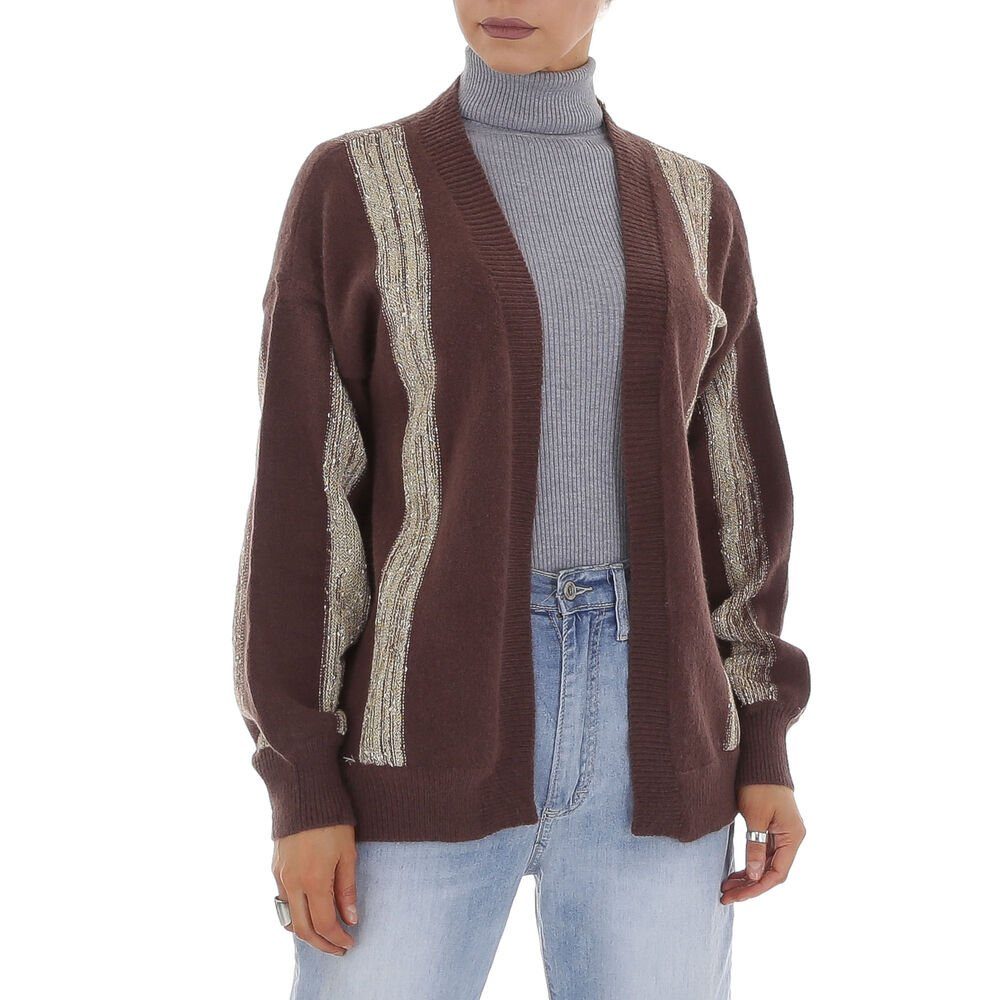 Cardigan & Ital-Design in Stretch Gestreift Strickjacke Gold Braun Freizeit Glitzer Strickpullover Braun, Damen