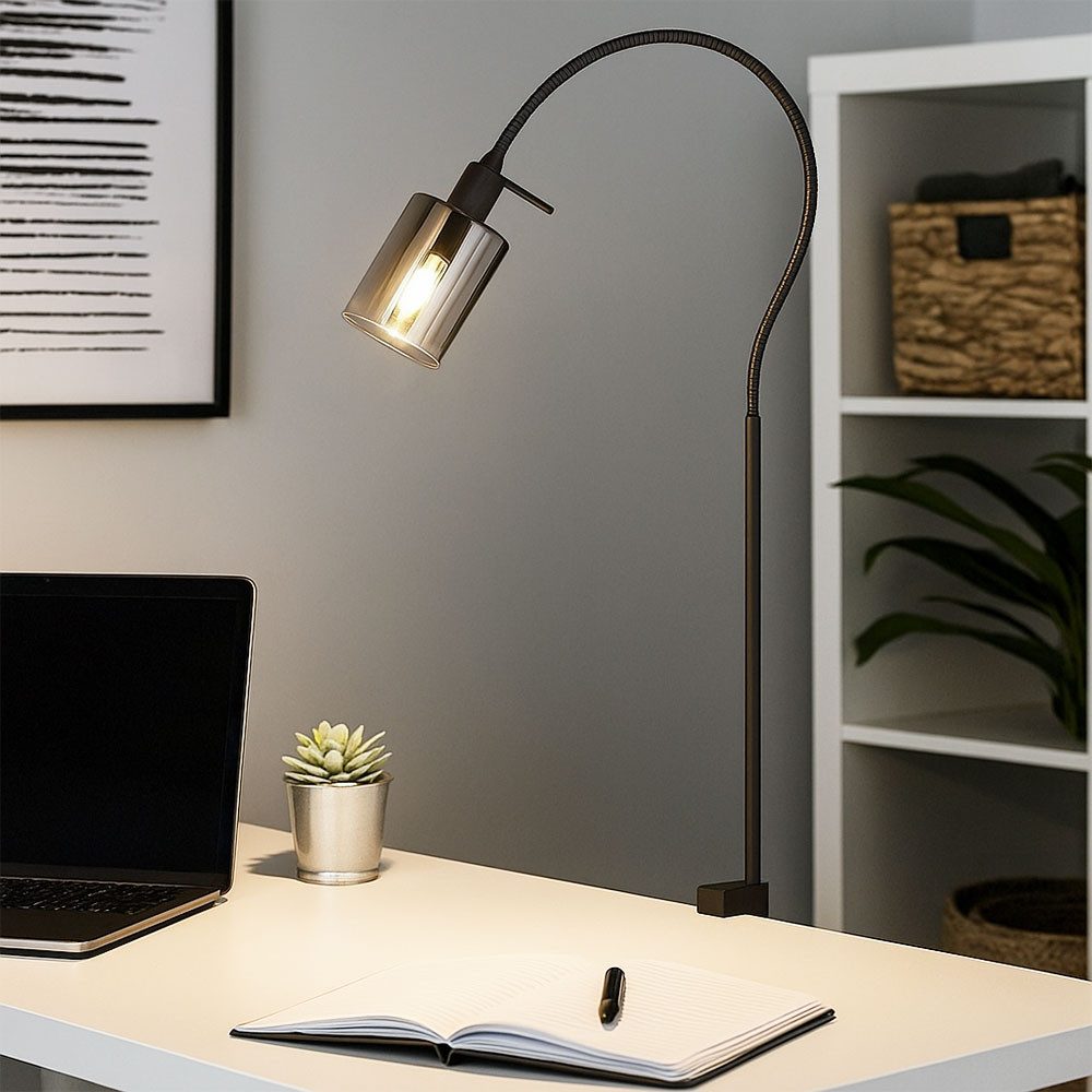 FISCHER & HONSEL Klemmleuchte, Leuchtmittel nicht inklusive, Klemmleuchte Tischlampe Lesespot E14 Rauchglas schwarz Flexhals Metall