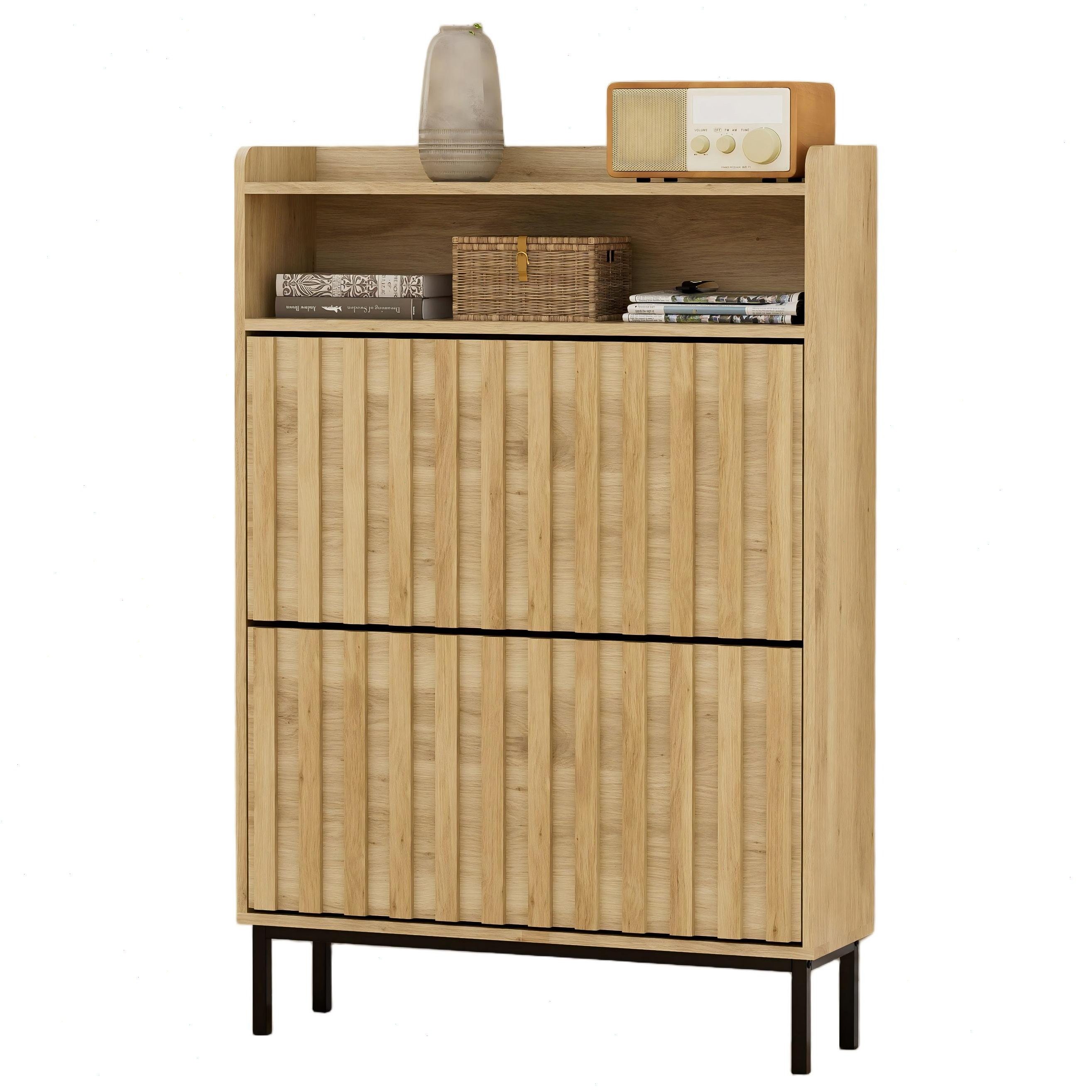 UEV Schuhschrank mit 2 Klappen Schuhregal Schukipper schmal platzsparend (Modern Schuhaufbewahrung mit Oberplatte Platzsparend, Anti-Kipp-Vorrichtung für Eingangsbereich Flur Diele) verstellbare Trennwand für verschiedene Schuhtypen