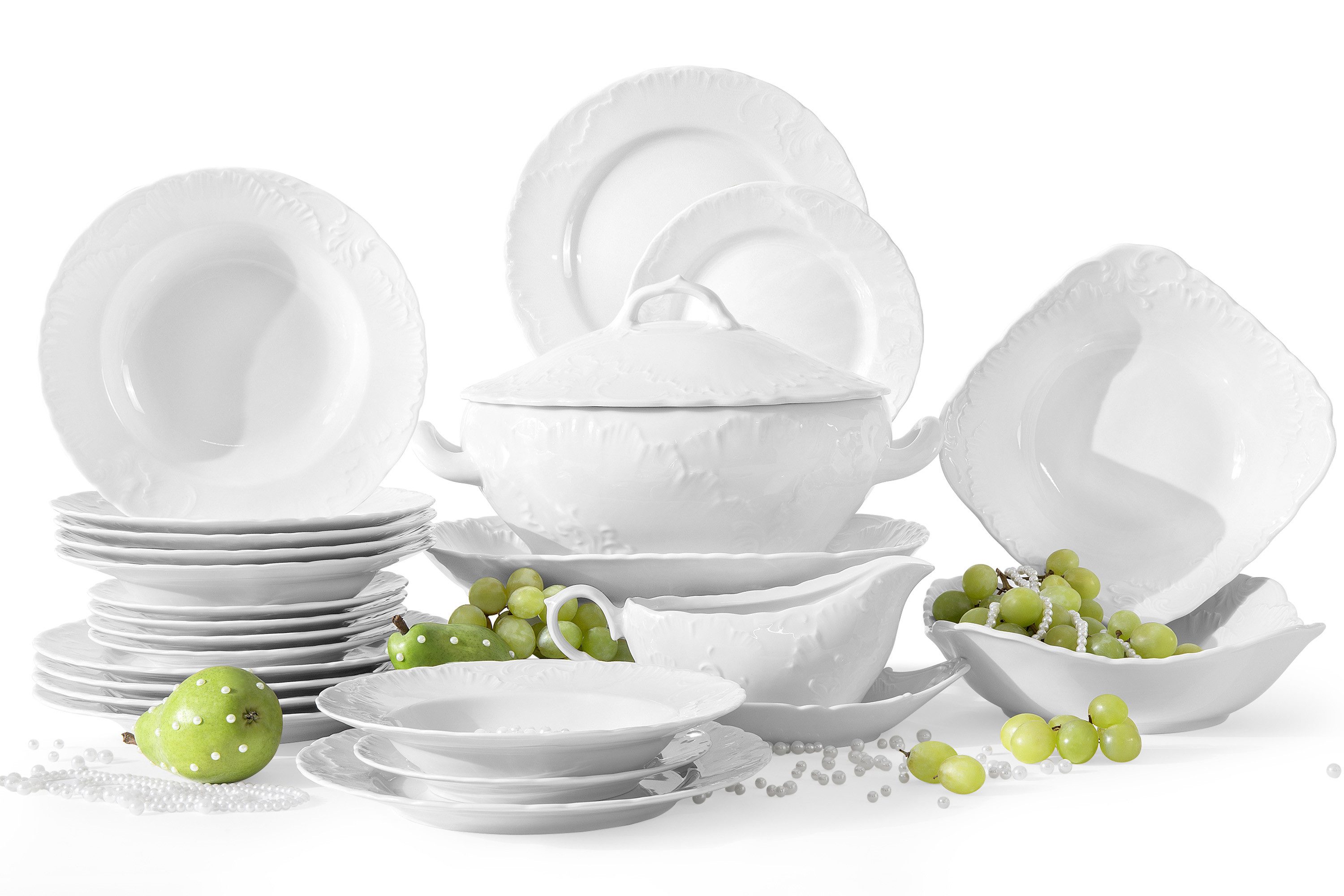 KONSIMO® Kombiservice CMIELOW ROCOCO Geschirrset, Hochwertiges Premium-Porzellan (25-tlg), 6 Personen, Porzellan, spülmaschinengeeignet, mikrowellengeeignet, mit eleganten Verzierungen