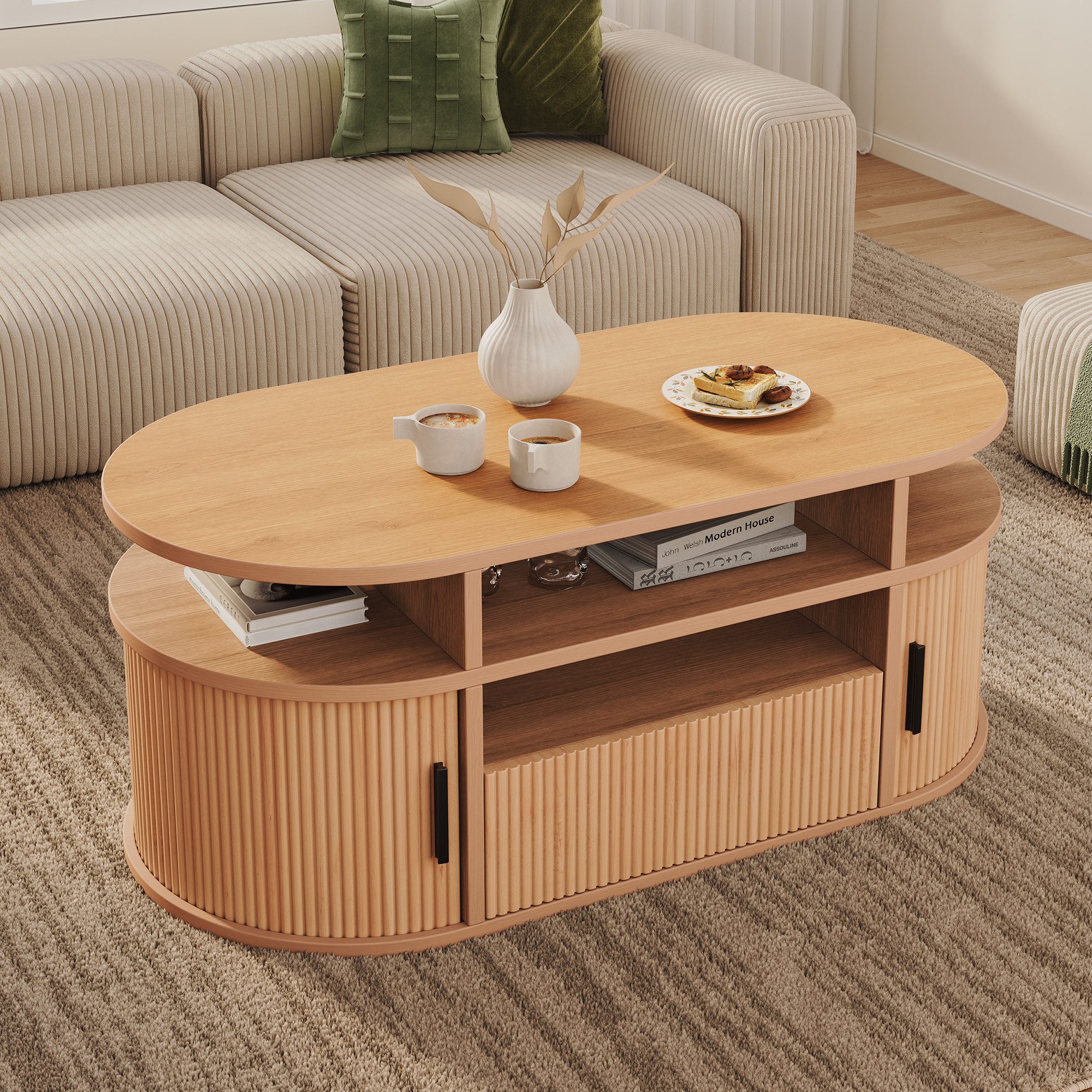 KLAM HOME Couchtisch Couchtisch Oval 100cm mit 2 Rolltüren & Schublade für Wohnzimmer (Kaffeetisch mit Push-to-Open, heller Holzton / Walnuss), Sofatisch mit 2 Rollladentüren und offenen Fächern