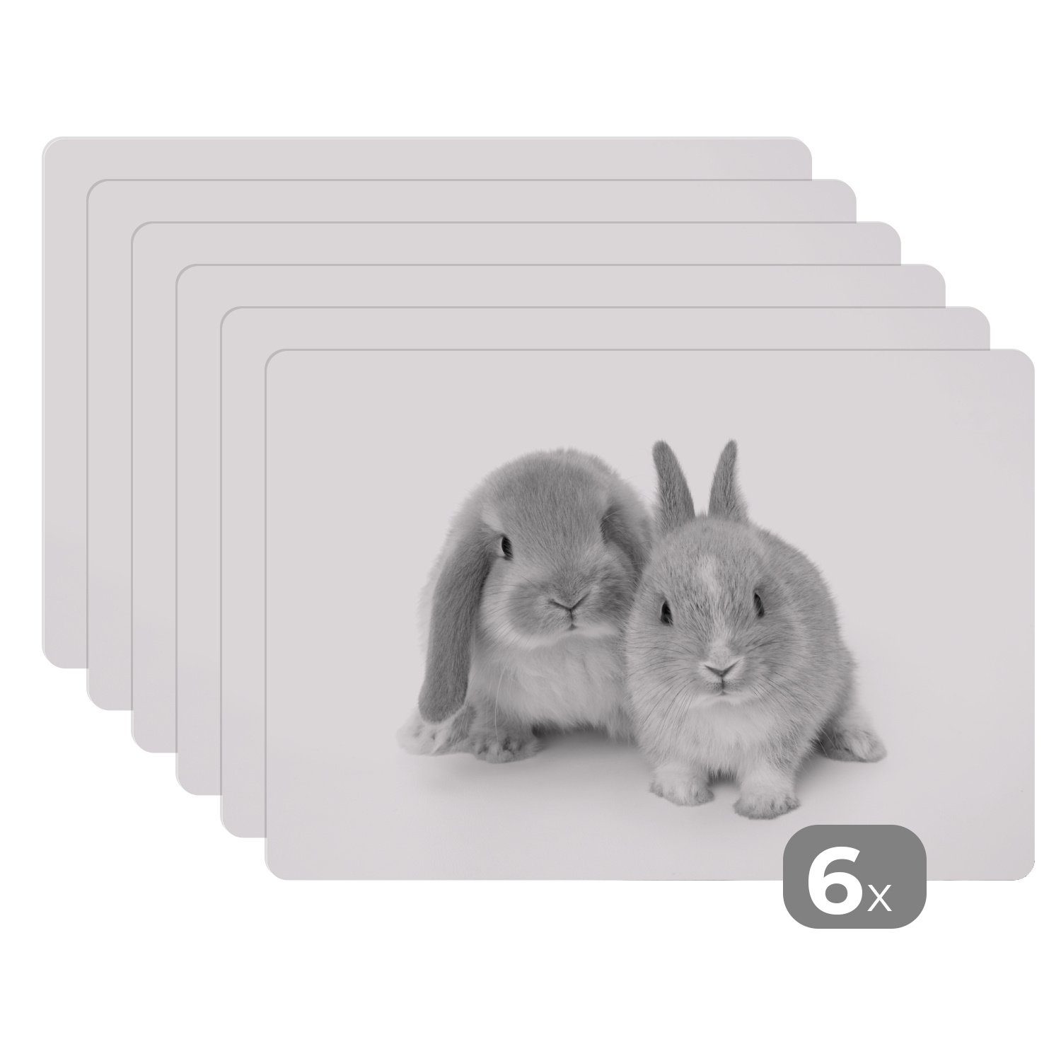 Platzset, Zwei Kaninchen Schmutzabweisend Platzmatte, weiß, Tischmatten, - schwarz (6-St), MuchoWow, und Platzset, Platzdecken