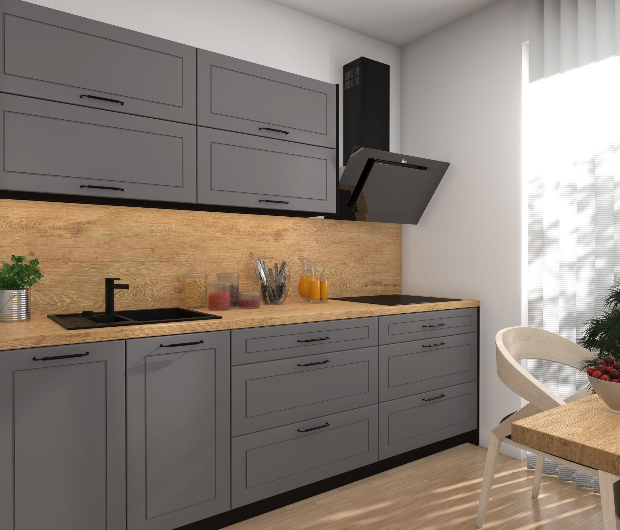 Feldmann-Wohnen Küchenzeile Kvantum, (Klappen mit Gasdruckdämpfer, Schubladensystem HETTICH InnoTech), 250cm, 7-teilig, Schwarz / Dust Grey Matt - HETTICH InnoTech