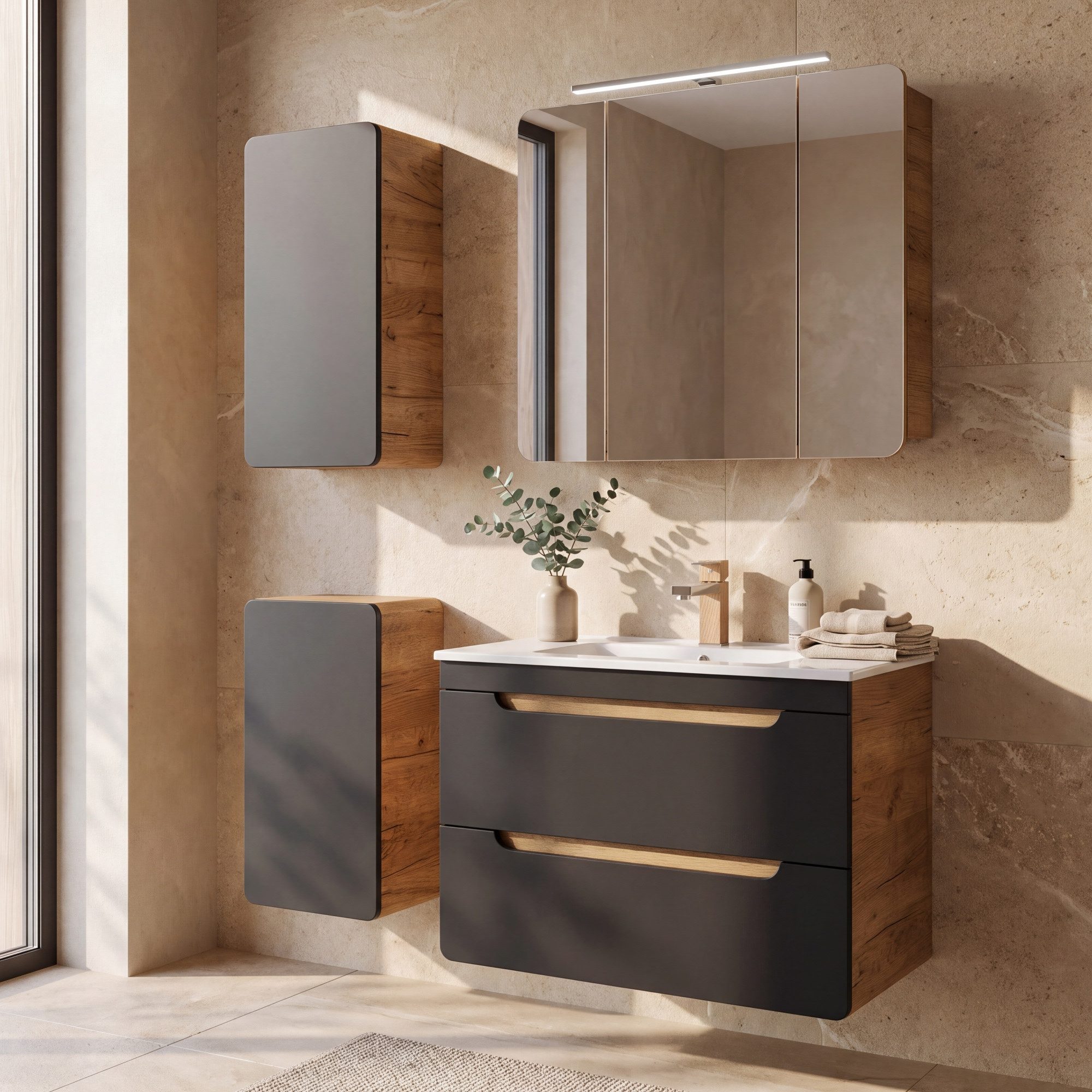 Lomadox Badmöbel-Set NEW-LUTON, (Spar-Set, 4-St), Eiche Nb. mit 80 cm Keramik-Waschtisch & Spiegelschrank 130/200/46 cm