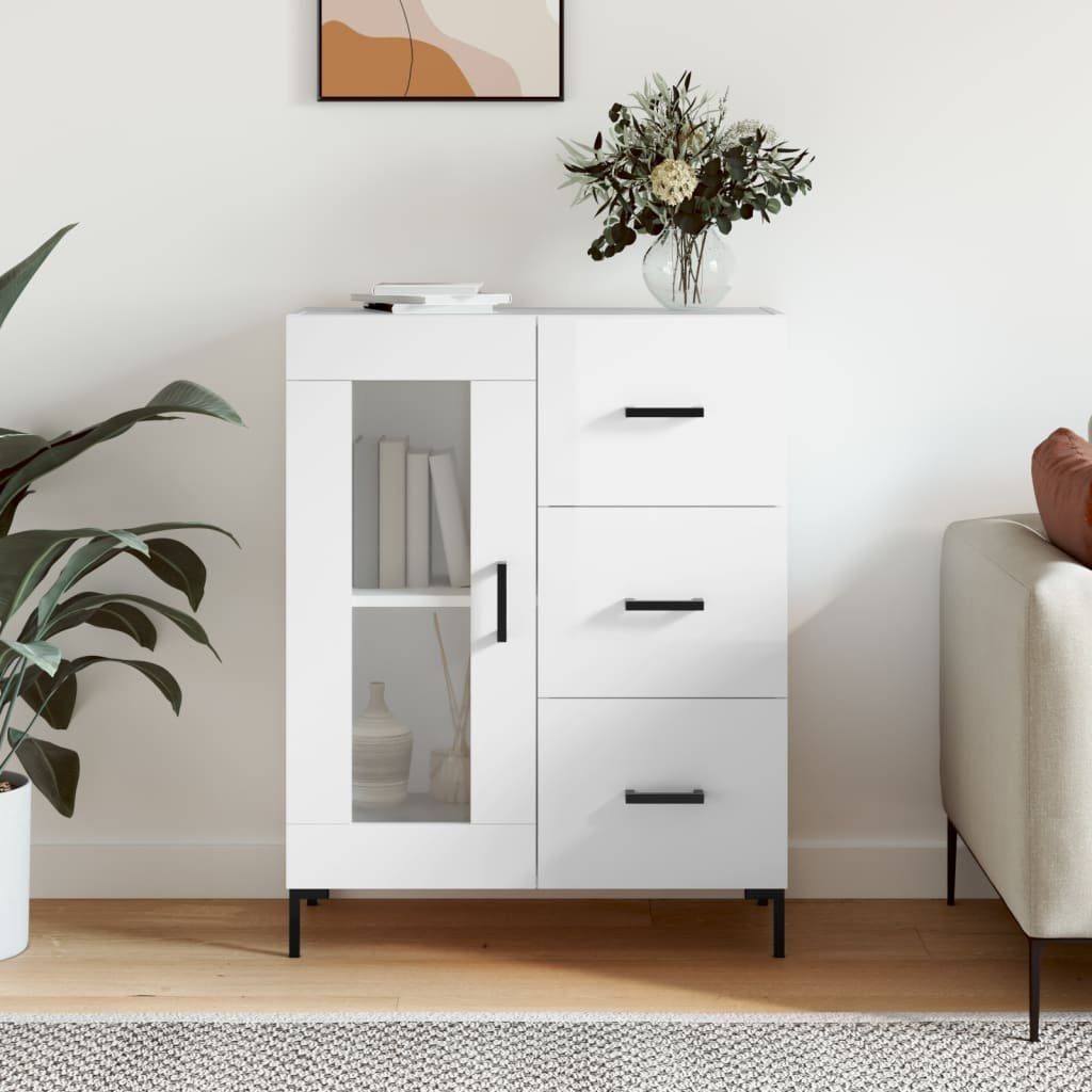 furnicato Sideboard Klassisches 69,5x34x90 cm Hochglanz-Weiß aus Holzwerkstoff (1 St), Kommode mit drei Schubladen, Glastür und stabilen Metallfüßen