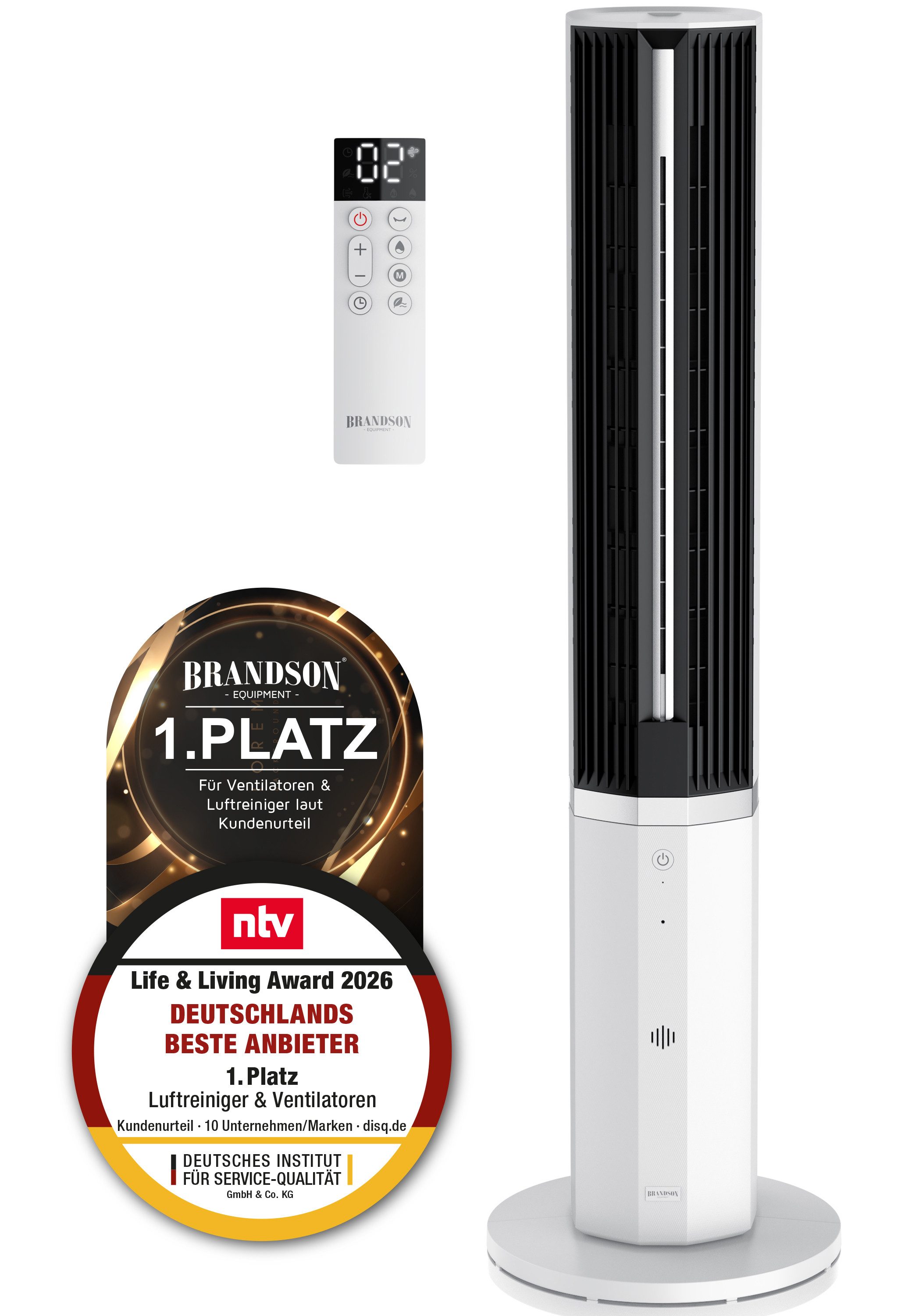 Brandson Turmventilator mobiler Luftkühler, Wasserkühlung, Klimaanlage, Timer, NTV Sieger 2026, DC-Motor, 55W, Luftbefeuchter, leiser Lüfter, 12 Stufen, GS-Geprüft