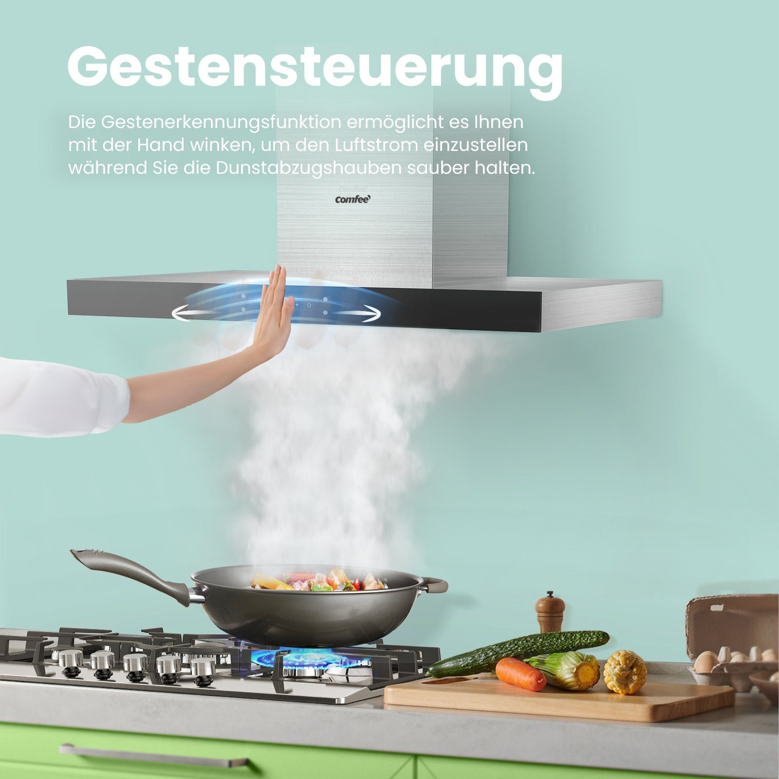 comfee Wandhaube, 60 cm breit, Gestensteuerung, LED-Beleuchtung, Abluft & Umluft