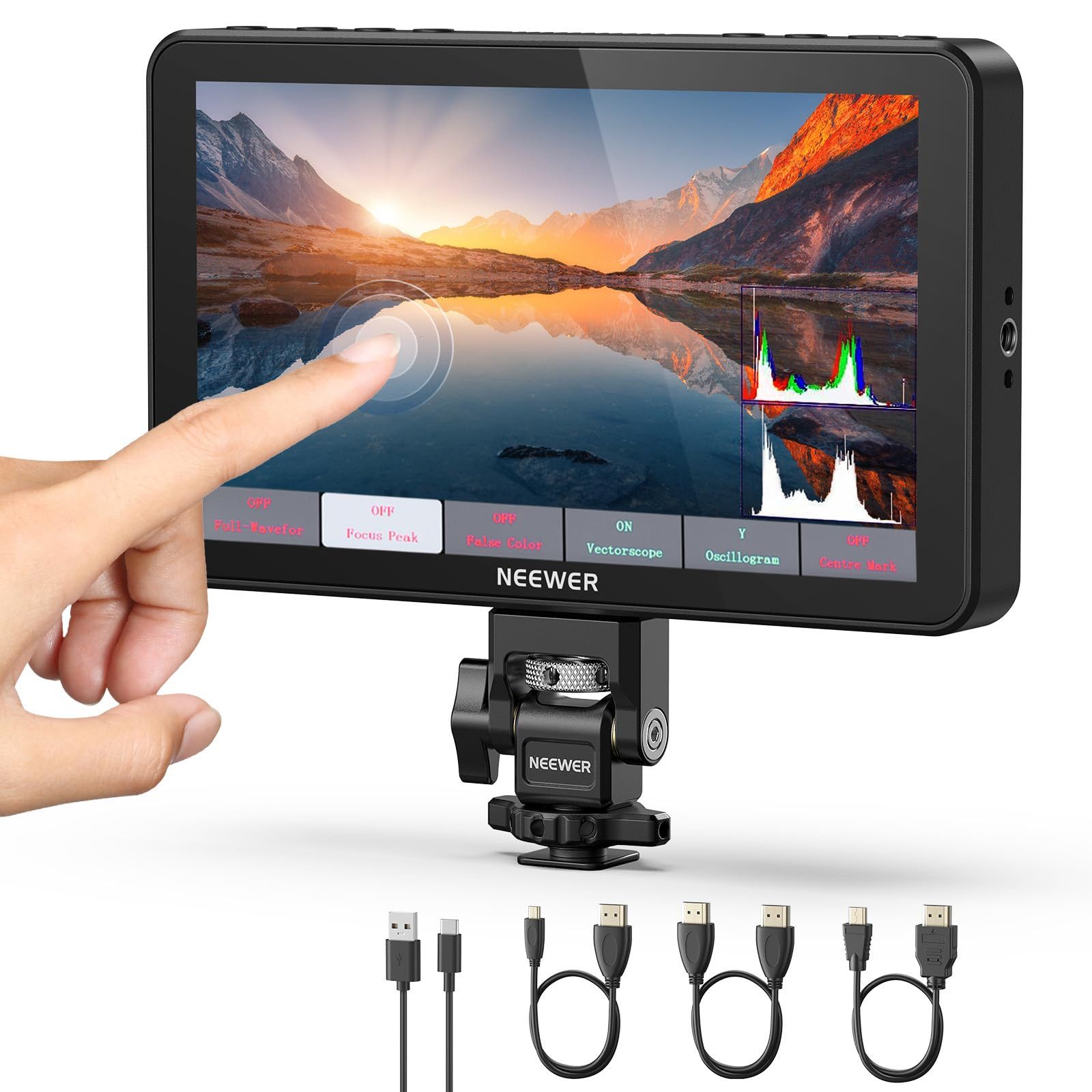 Neewer Kamerazubehör-Set F700 7" Kamera Feld Monitor, 2000nit HD 1920 x 1080 IPS Touchscreen, (Packung), mit 3D LUT, 4K HDMI Loop In/Out, DSLR Video Assist HDR Wellenform