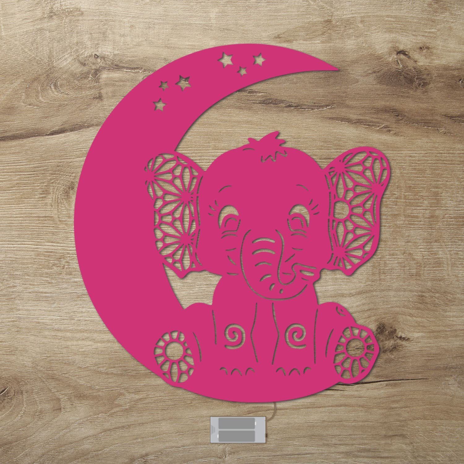 Namofactur LED Nachtlicht Elefant auf Mond - Schlaflicht mit Elefanten Motiv für Kleinkinder, Ohne Zugschalter, LED fest integriert, Warmweiß, Wanddekoobjekt Kinderzimmer Leuchte batteriebetrieben Pink | Nachtlichter