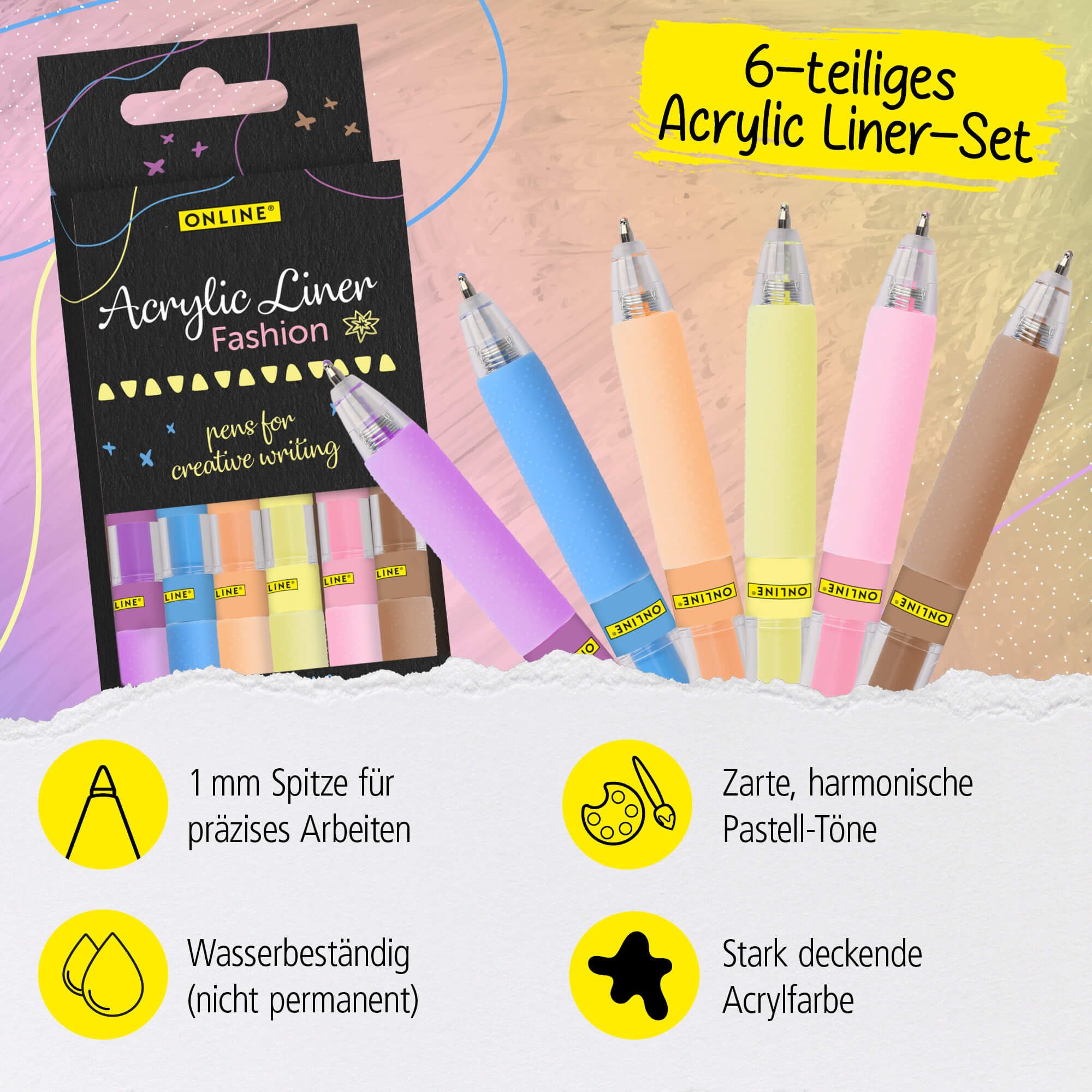Online Pen Fineliner Acrylic Liner Fashion, (6), 6er Set Acrylic Liner mit stark deckender Acyrlfarbe Pastell