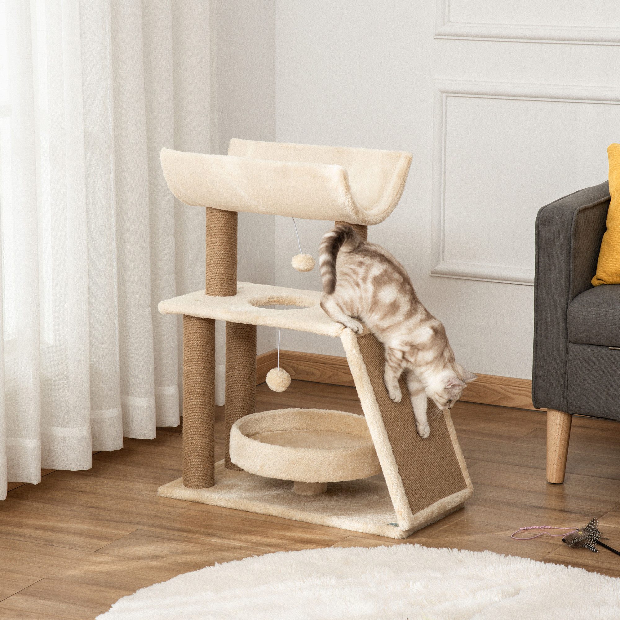 PawHut Kratzbaum Katzenturm mit 2 Spielball, Sisalstämme, Kletterbaum, für Katzen bis 5 kg, Hellbraun