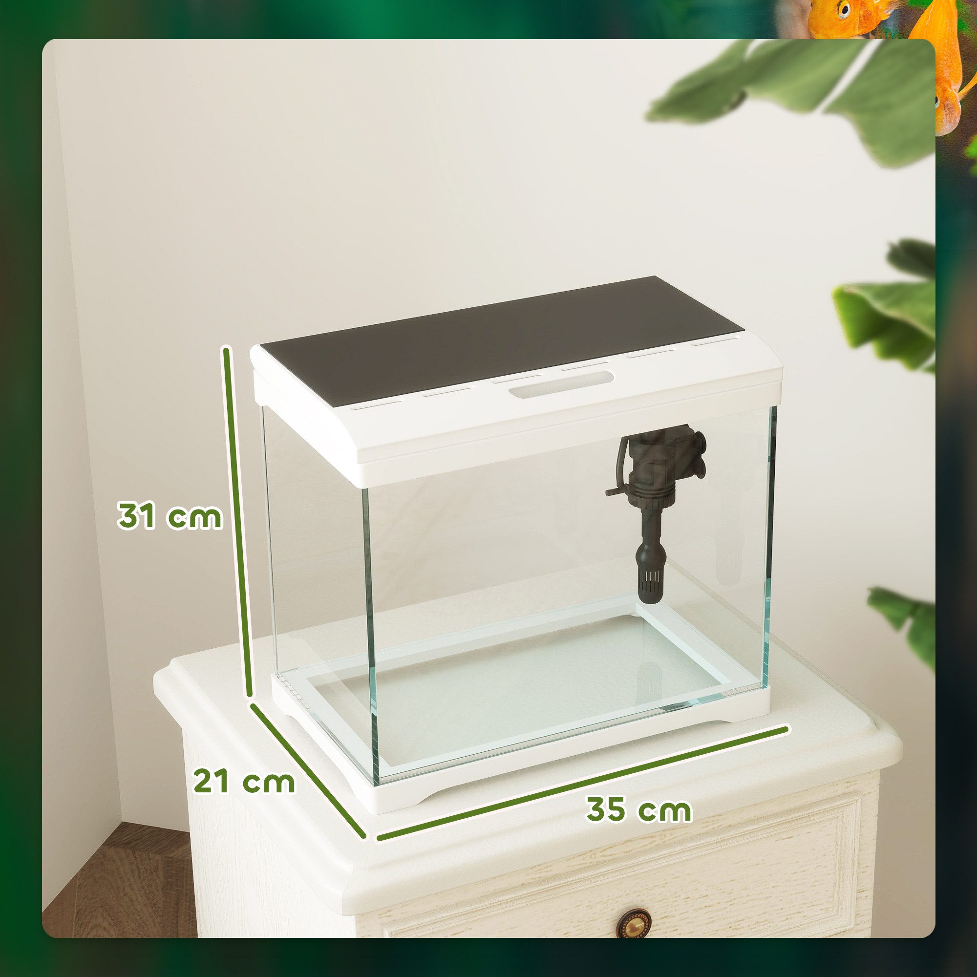 Fine Life Pro Aquarium PawHut Tropenfischaquarium 17L mit LED-Beleuchtung & Filtersystem, Weiß Fischtank mit Wasserpumpe, Ultraklarem Glas, Maße 35x21x31 cm