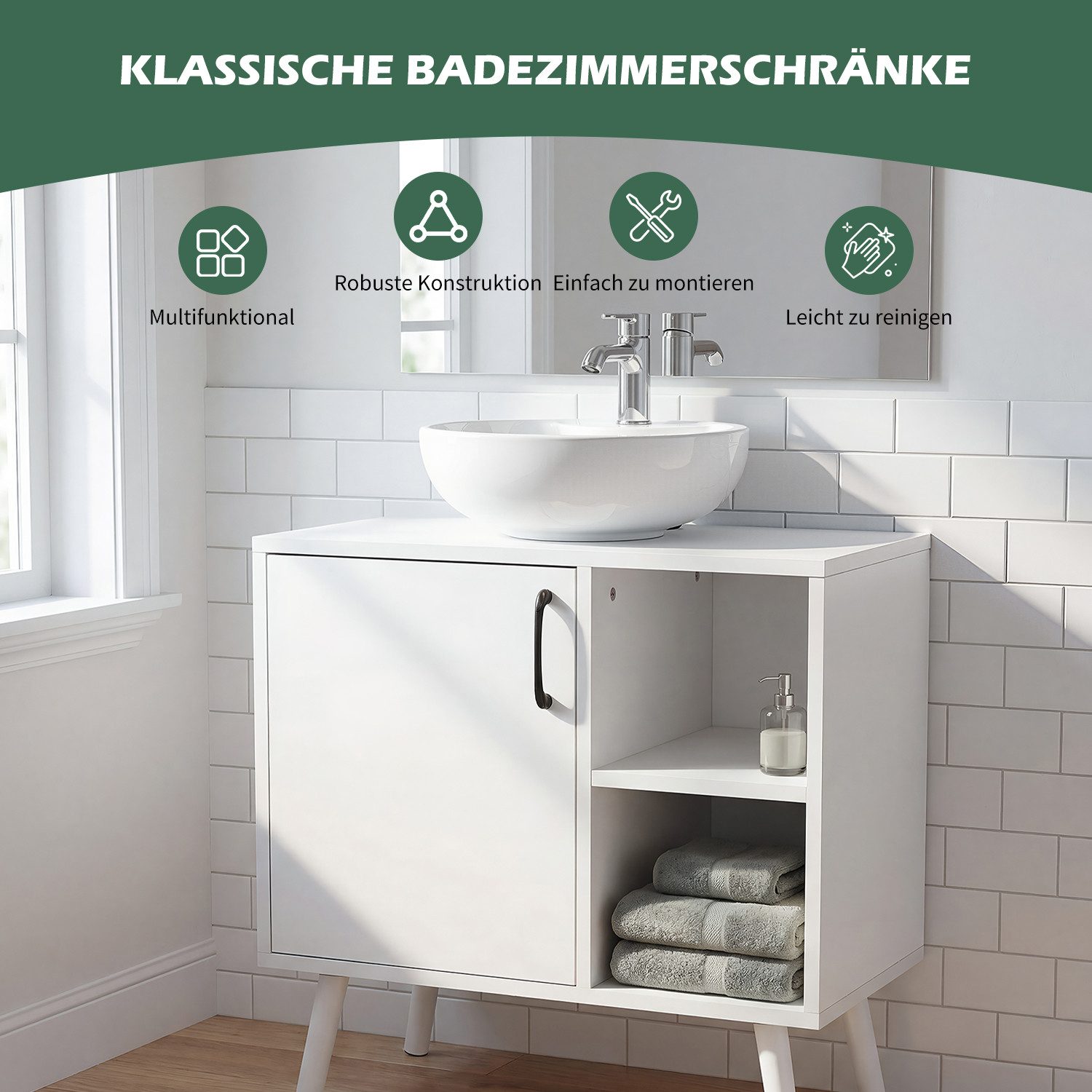 oyajia Waschbeckenunterschrank Badezimmerschrank 60 x 30 x 61 cm, mit 1 Türen, 2 Fächern (Badezimmerschrank Waschbeckenunterschrank Badschrank Unterschrank) mit Füßen
