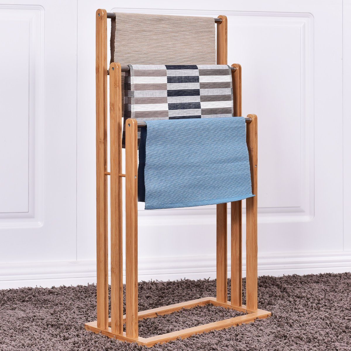 COSTWAY Handtuchständer, mit 3 Handtuchstangen, aus Bambus + Edelstahl günstig online kaufen