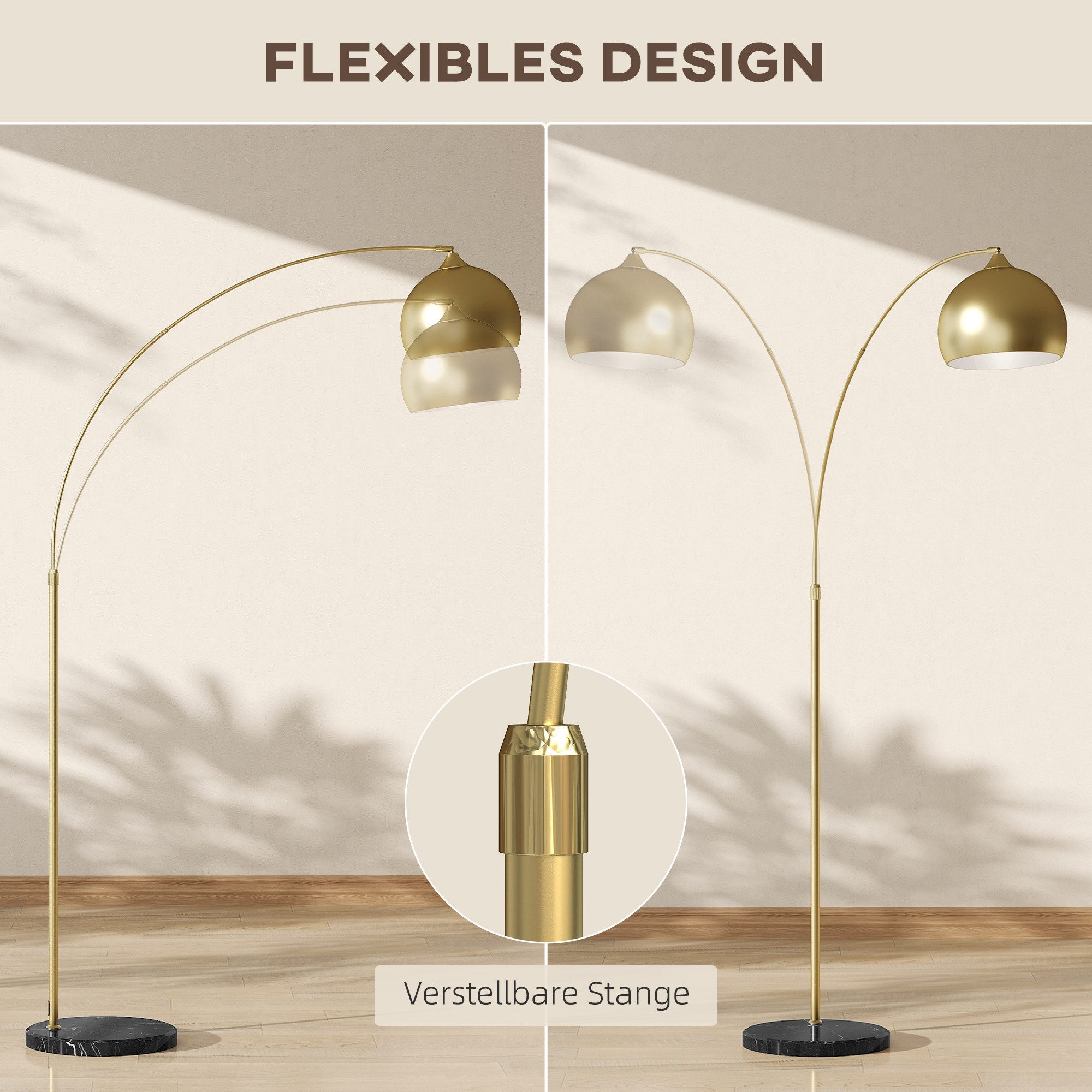 HOMCOM Stehlampe Stehleuchte höhenverstellbar, schwenkbar Bogenlampe, Ein-,Ausschalter, ohne Leuchtmittel, klassische, höhenverstellbare Standlampe – Bild 5 von 5