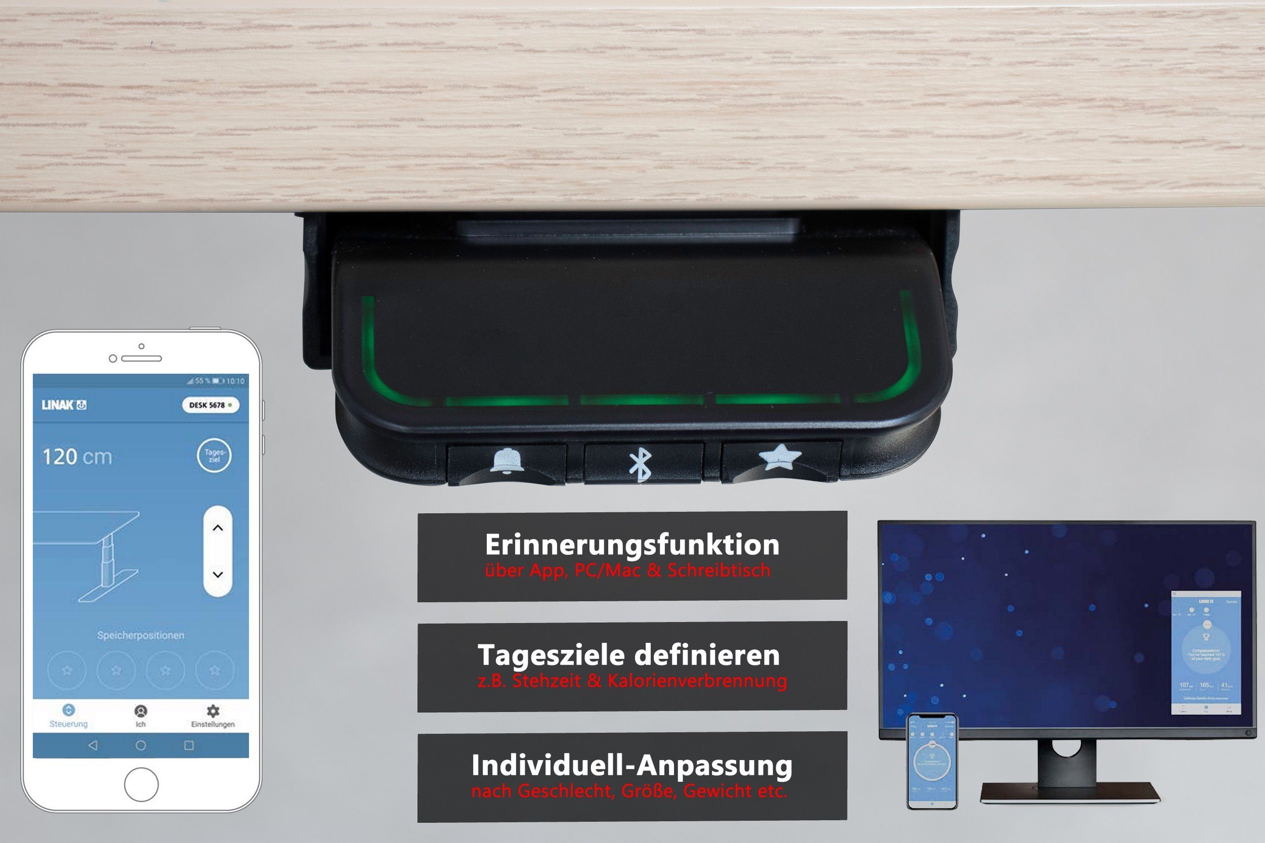 bümö Schreibtisch Schreibtisch elektrisch - XDLR, 180 Gestell: & Rechteck: Bluetooth - x App Weiß Nussbaum Dekor: cm 80