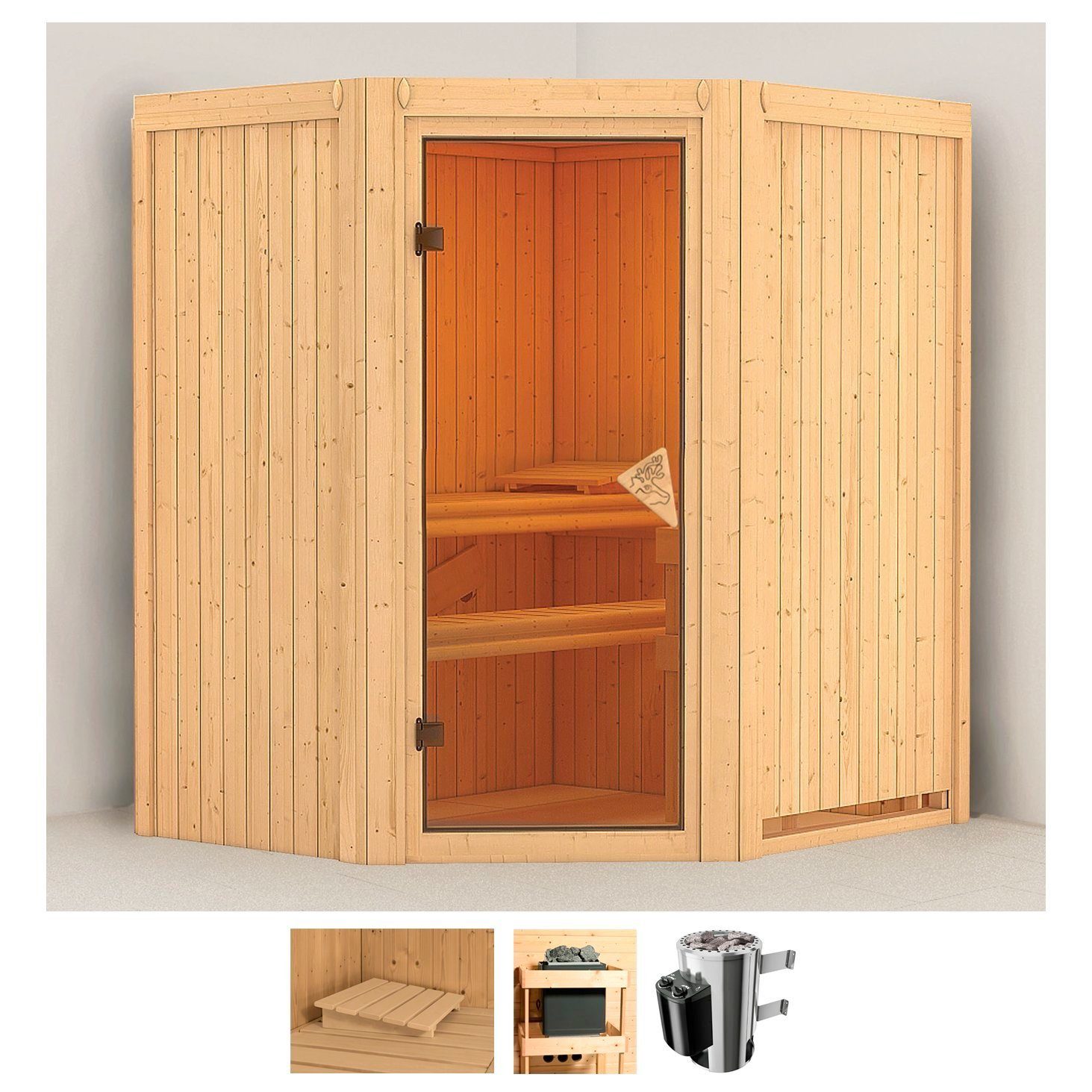 Karibu Sauna Tomke, BxTxH: 170 x 151 x 198 cm, 68 mm, (Set) 3,6-kW-Plug & Play Ofen mit integrierter Steuerung