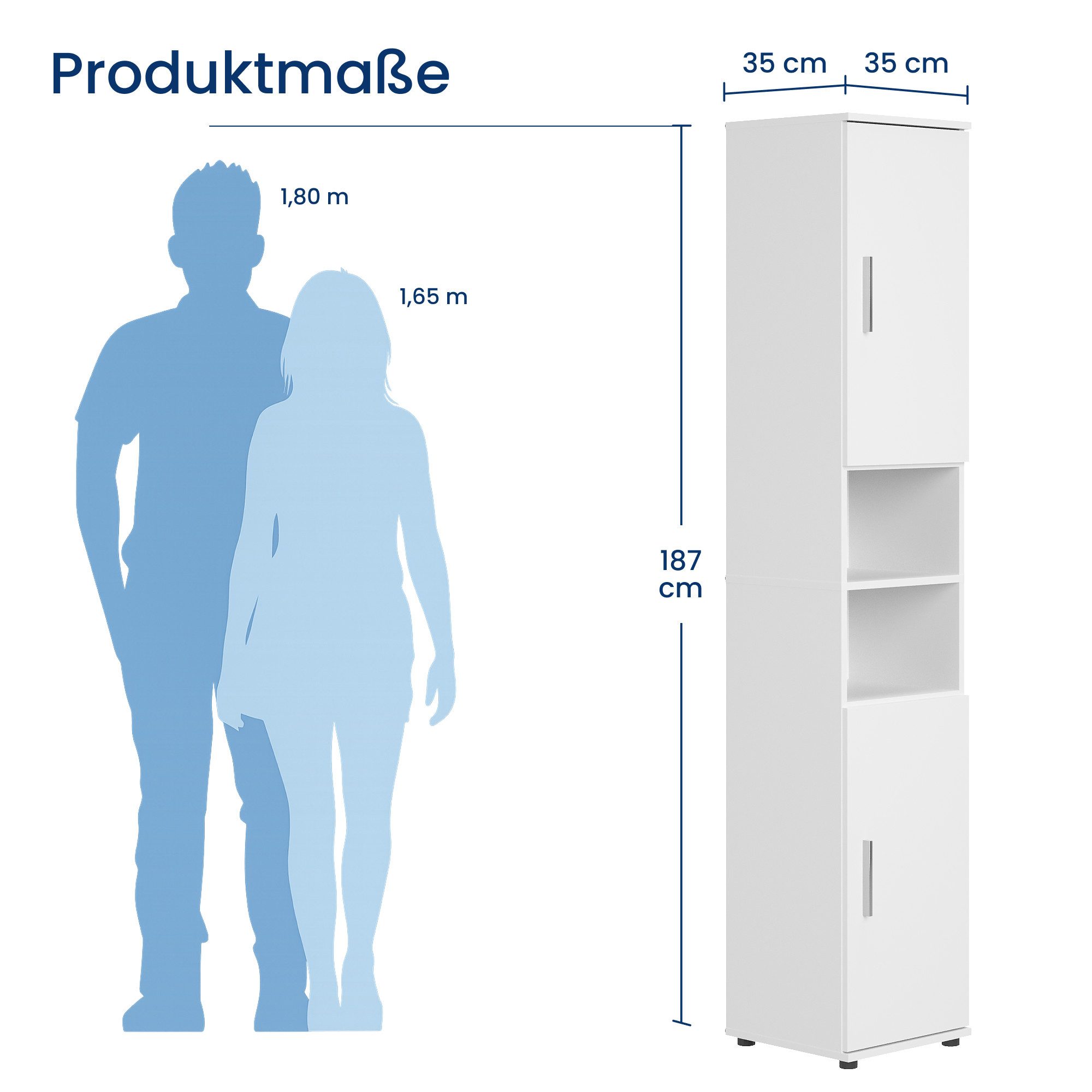 Home Collective Badkommode Badezimmerschrank Hochschrank 6 Fächer – robust & pflegeleicht, 35x35x187 cm (BxTxH), Weiß, 2 Türen, vielseitig & kompakt