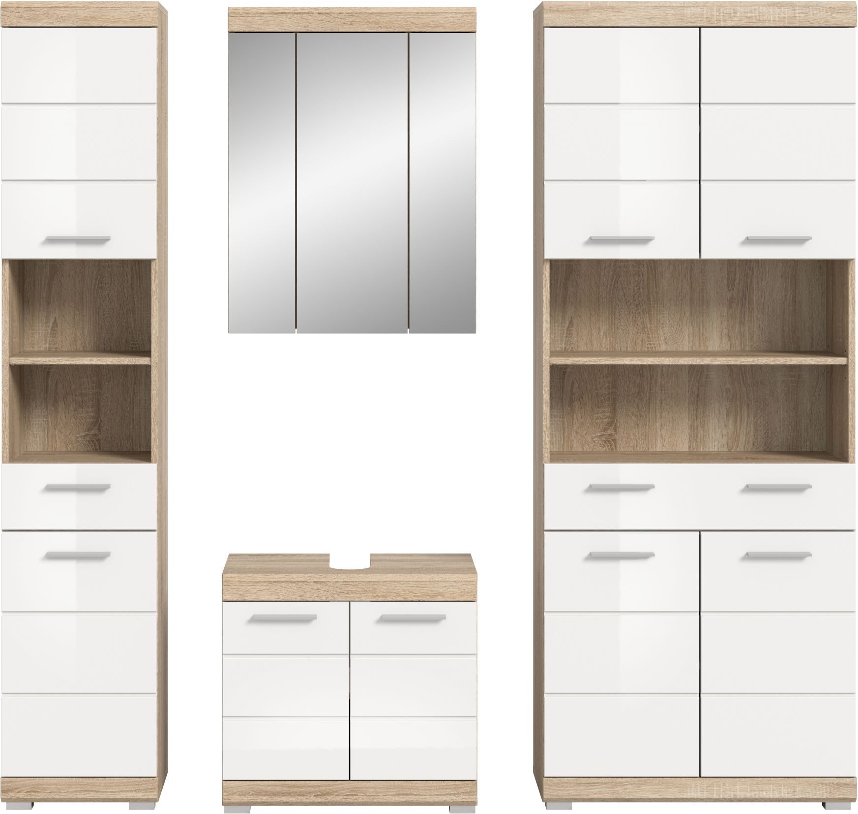 xonox.home Badmöbel-Set, (4tlg. Set inkl. Hochschrank, WBU, Spiegelschrank, Bad Midischrank), Sonoma Eiche Hell Weiß Hochglanz Melamin Modern 186x191x34 cm