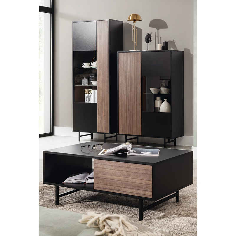 Lomadox Wohnwand PARAWA-132, (3-St., 3-tlg), Vitrine, Highboard, Couchtisch in schwarz mit Holzoptik, Retro-Look