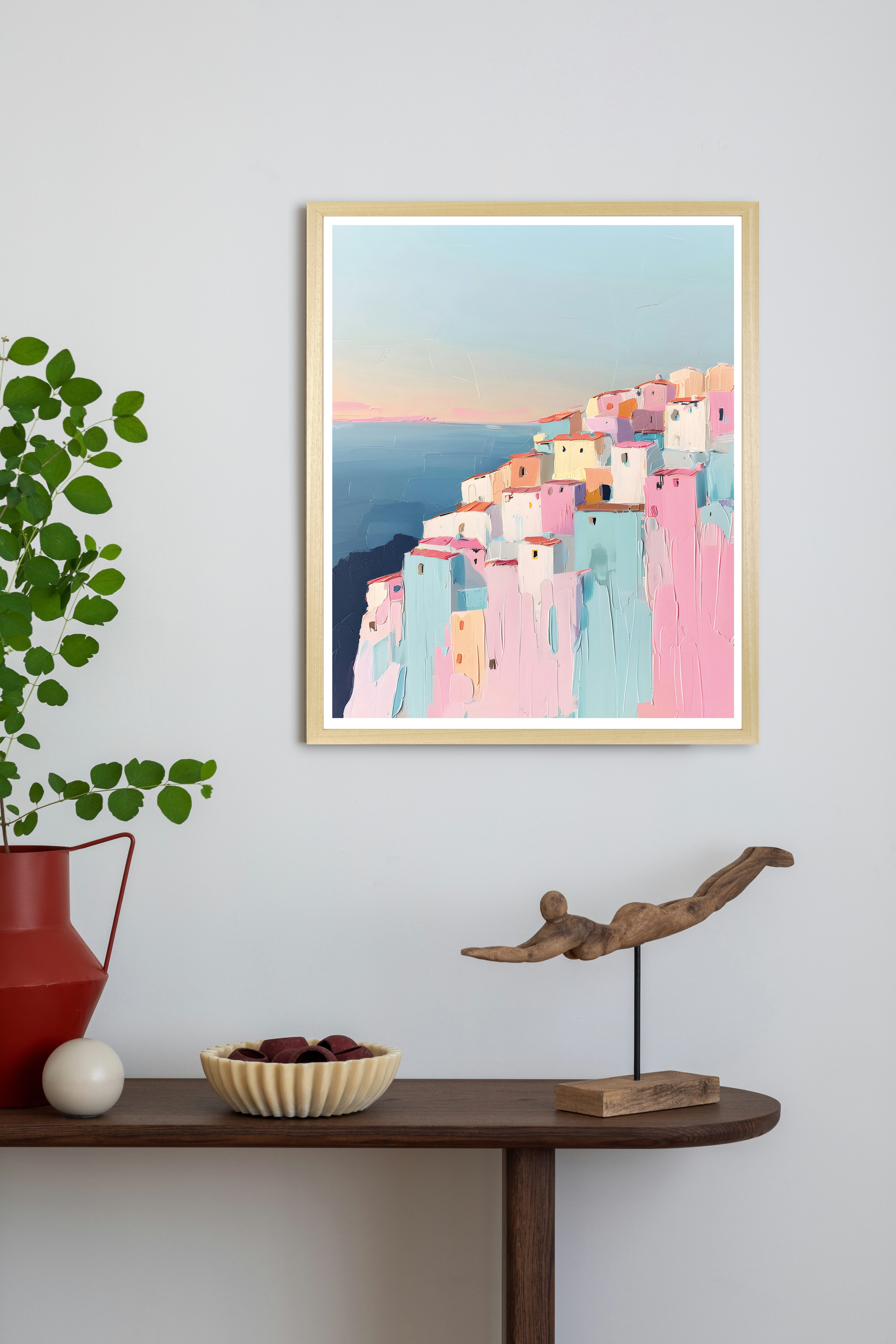 queence Bild mit Rahmen Häuser am Meer, Elemente der Architektur, Fenster & Türen, Gebäude, Gemälde, Gewässer, Himmel, Himmelsbilder, Kunst, Landschaft, Meer Bilder, Stadt, Städte (1 St), Kunstdruck in Pastell mit einem Echtholzrahmen