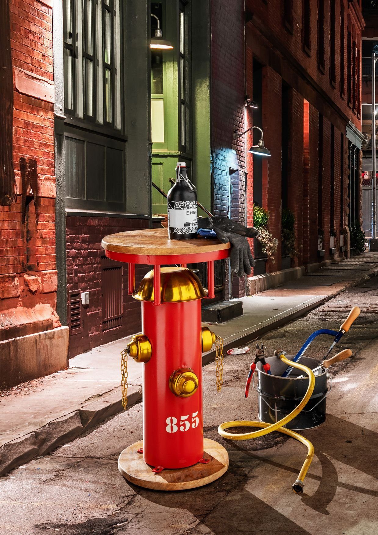 More2Home Beistelltisch Hydrant, Metall Feuerwehr-rot, Mangoholz, rund 38 cm