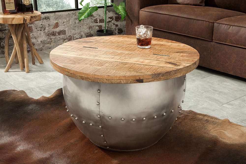 riess-ambiente Couchtisch DRUMP STORAGE Ø70cm natur/silber- Mango, handgefertigt, Stauraum, rund (Einzelartikel, 1-St), Massiver Industrialtisch aus Metall - ideal für Wohn- und Schlafzimmer