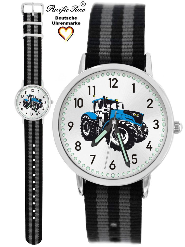 Pacific Time Quarzuhr Kinder Armbanduhr Traktor blau Wechselarmband, Mix und Match Design - Gratis Versand schwarz grau gestreift