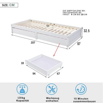 FUROKOY Kinderbett Kinderbett 90X200cm mit Lagerraum,Plattformbett mit 2 Schubladen, Einzelbett aus Holz mit Bettkasten weiß
