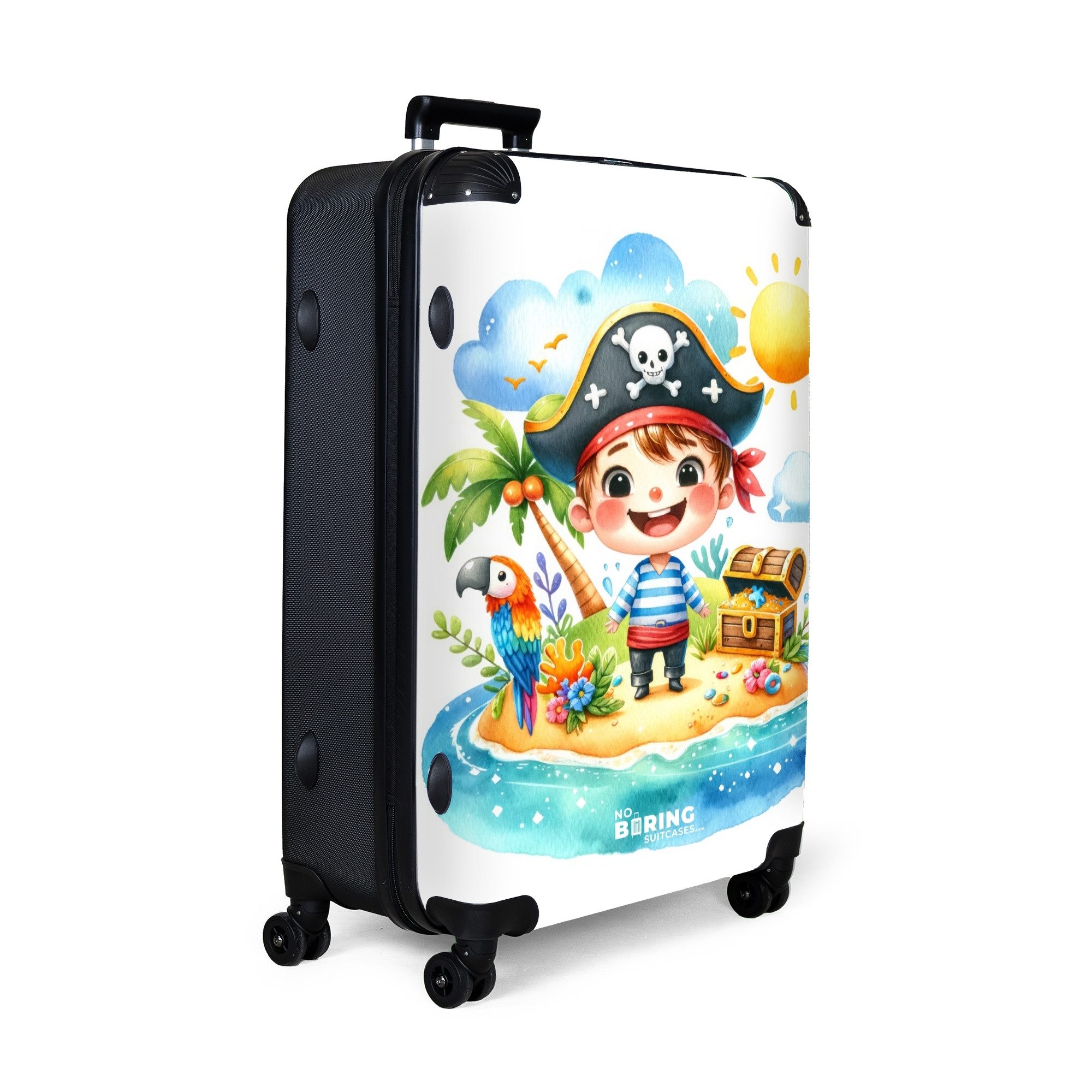 NoBoringSuitcases.com© Kinderkoffer Pirat mit Papagei und Schatztruhe 77 cm - 98 L, 8 Rollen, Reisekoffer mit Rollen Großer für 30kg, Jungenkoffer
