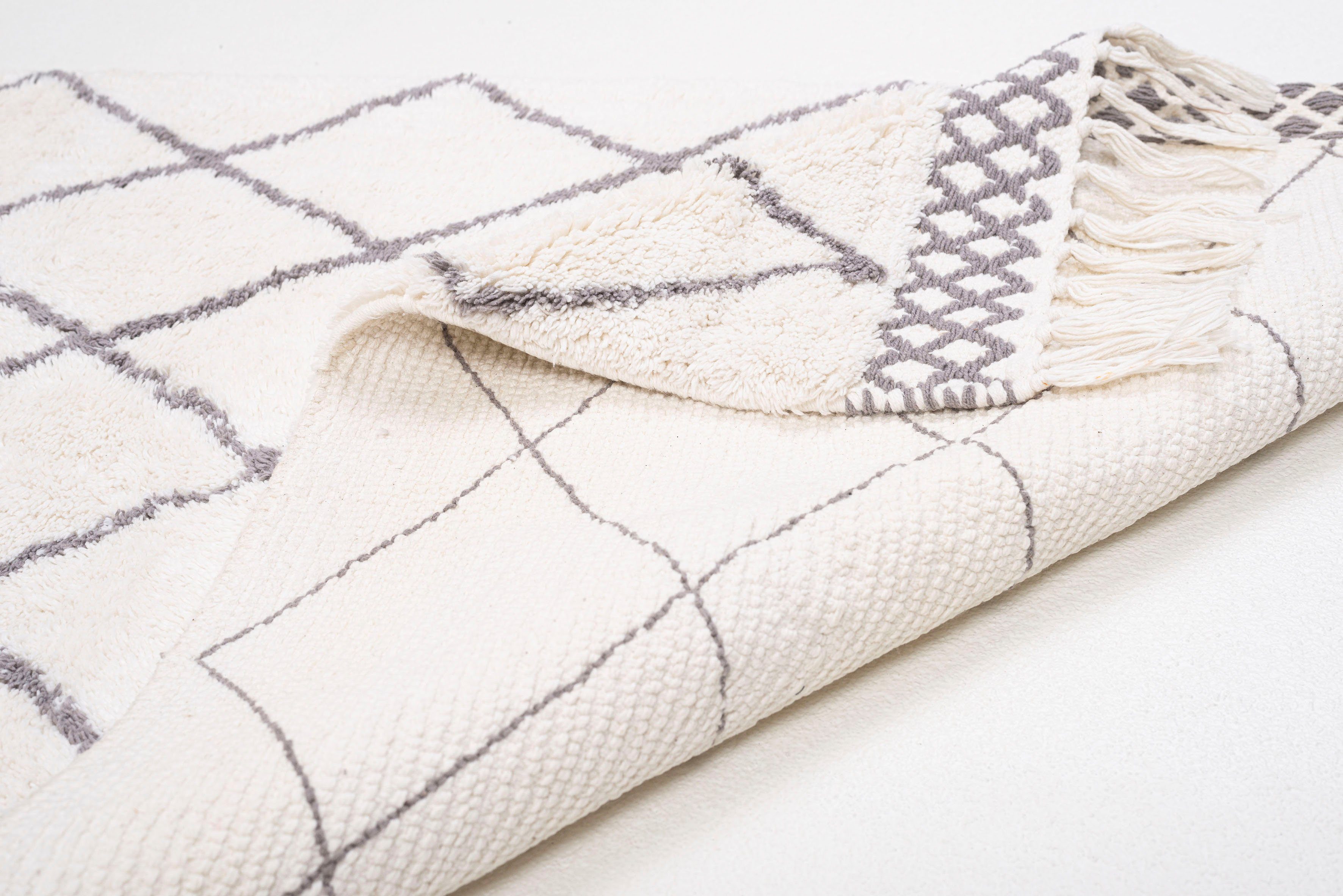 TOM TAILOR HOME Badematte Ethno Bath, Höhe 20 mm, fußbodenheizungsgeeignet, Baumwolle, rechteckig, Badteppich, Berber Look, Rauten Muster, mit Fransen, reine Baumwolle