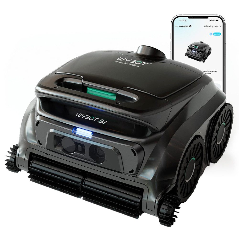 WYBOT Poolroboter B1 Kabelloser Poolreiniger, vollständige Poolreinigung, Kanten- und Eckenbürste, Vierfach-Rollenbürste, 120 Minuten Laufzeit
