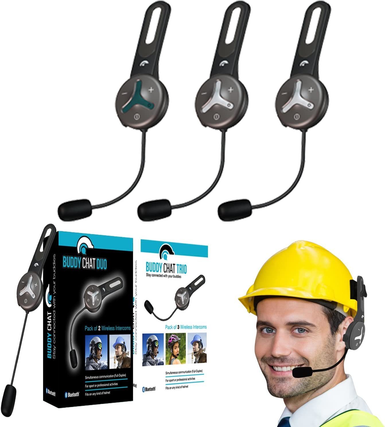 BuddyChat Buddy Chat Trio Bluetooth-Kopfhörer (Bluetooth, Headset, Helm, Headset, Freisprechanlage, Akku, Funkgerät, Gegensprechanlage, bis zu 1000m, Intercom, für bis 3 Teilnehmer)
