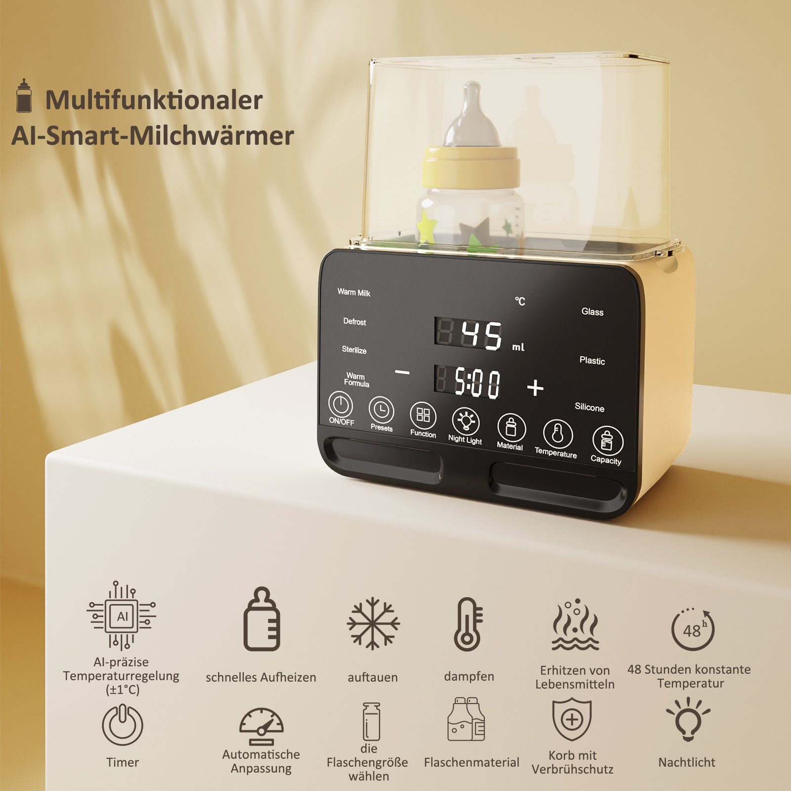 CkeyiN Babyflaschenwärmer 10 IN 1 Baby Flaschenwärmer, Konstante Temperatur in 24h, 2 Flaschen, Timer-Funktion präzise Temperaturregelung BPA-frei Touchscreen