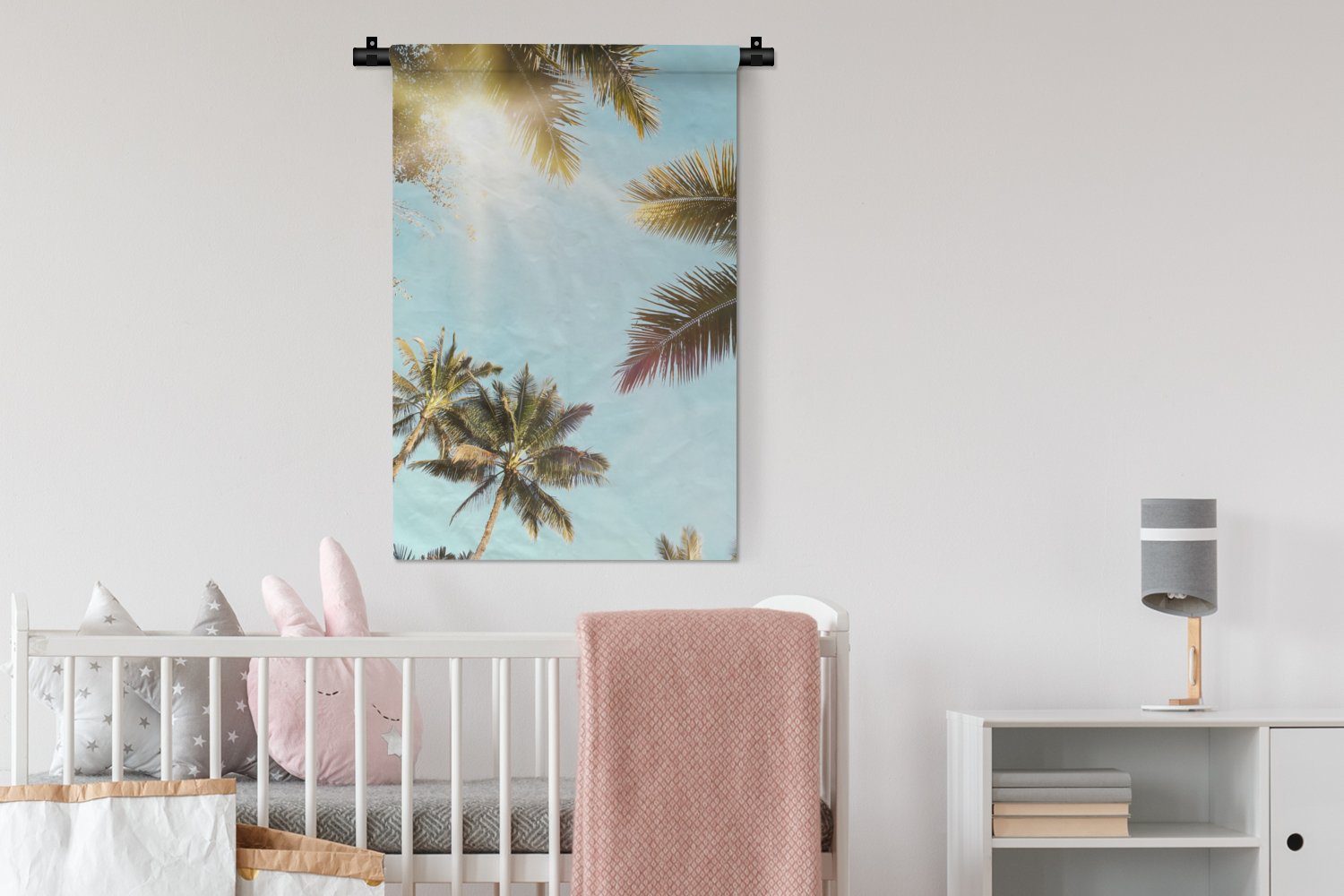 Palmen - Wanddeko - Sonne Natur Wanddekoobjekt MuchoWow Wohnzimmer, Wandbehang, Kinderzimmer Blau für - Schlafzimmer, Kleid, Sommer, -