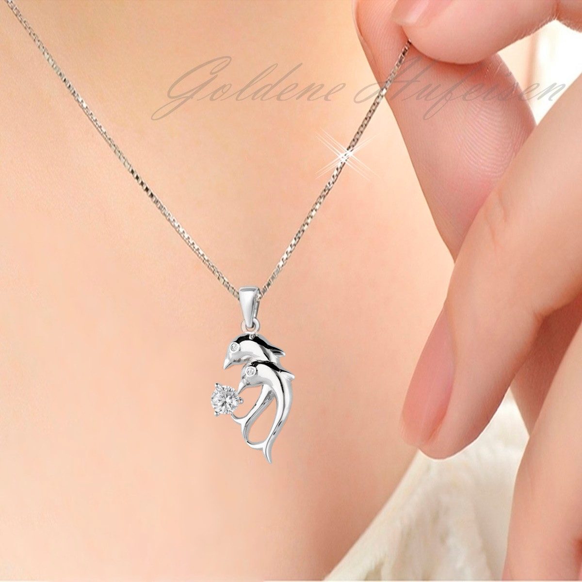Goldene Hufeisen Kette mit Anhänger Delfin Kette 925 Silber mit Zirkonia, Damen Schmuck mit Zirkonia