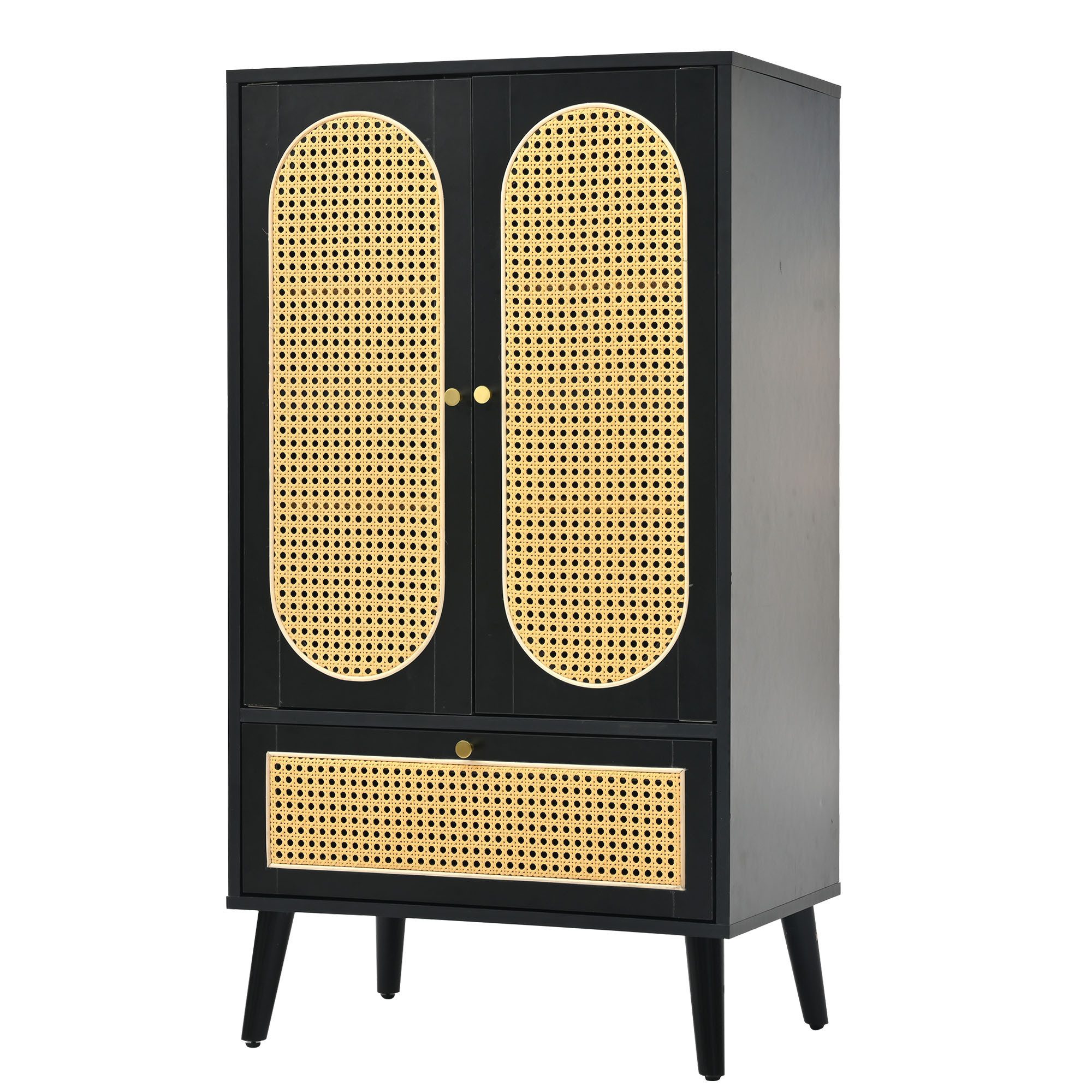 Merax Highboard mit Rattantüren und einer Schublade, Sideboard Landhausstil mit Metallgriffe,Kommode,B/H/T:60/110,5/40cm