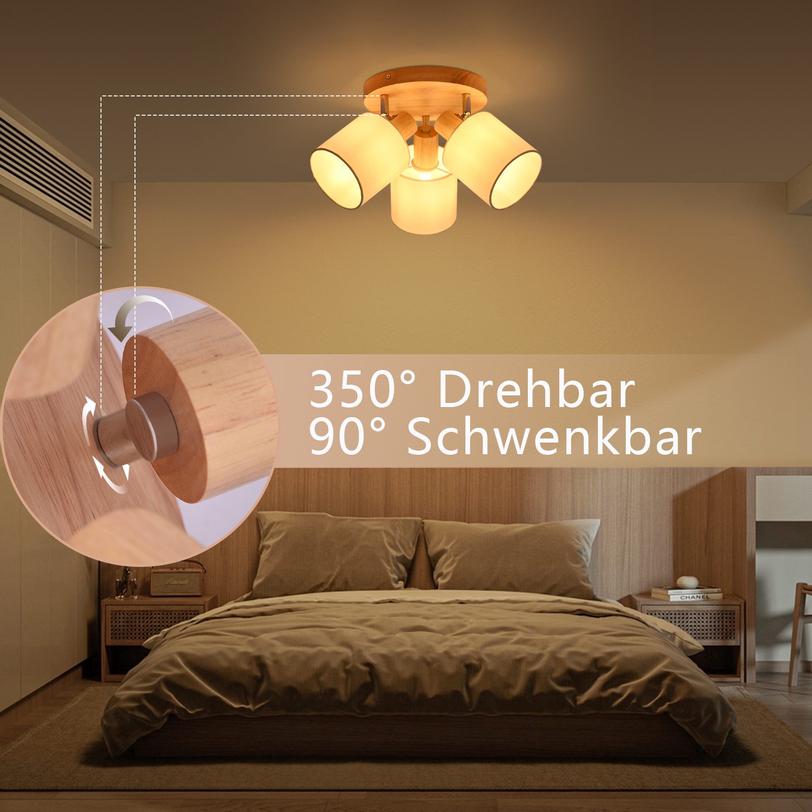 Nettlife Deckenstrahler 3 Flammig Rund Holz Strahler Deckenleuchte E14 Schenkbar 350°, Schenkbar 350°, ohne Leuchtmittel, Schenkbar 350° für Küche Wohnzimmer Schlamfzimmer Flur