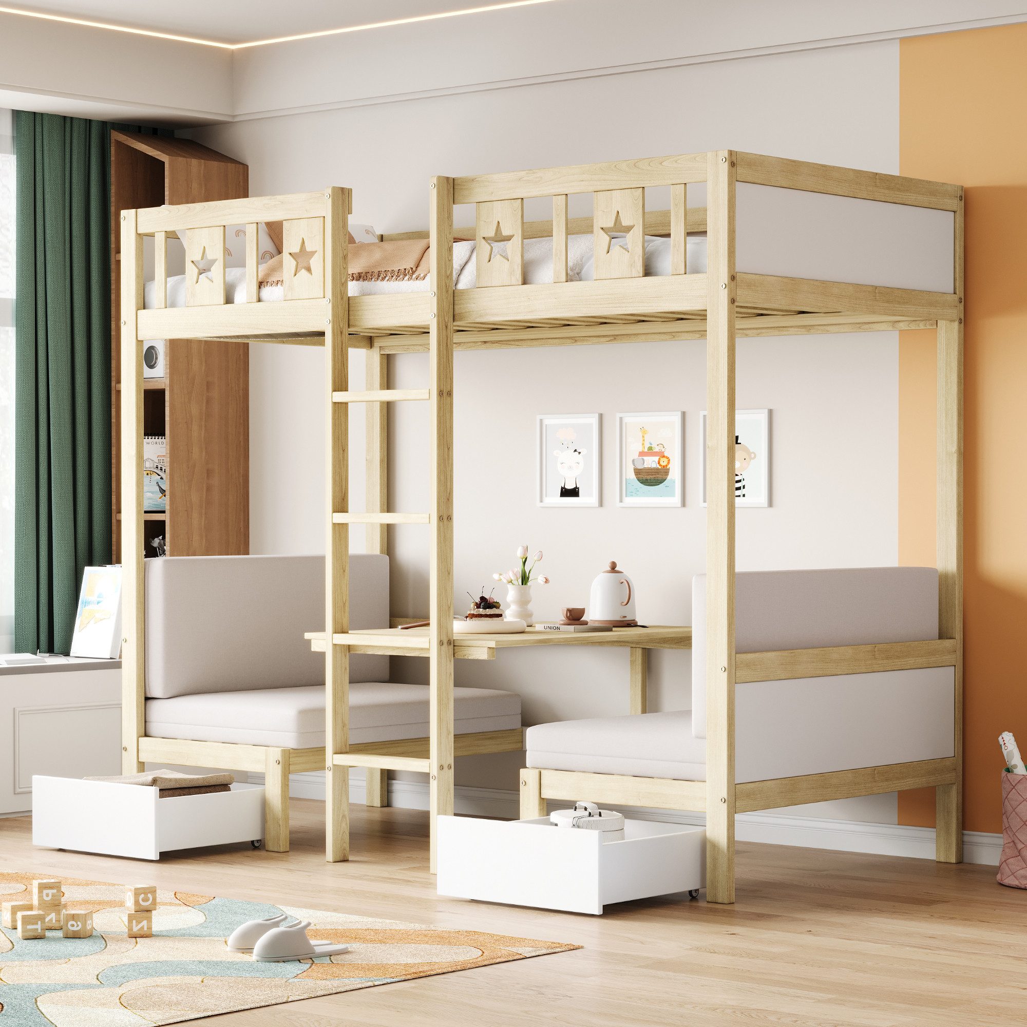 Flieks Etagenbett, Kinderbett 90x200cm mit umwandelbarem Unterbett und 2 Sc günstig online kaufen