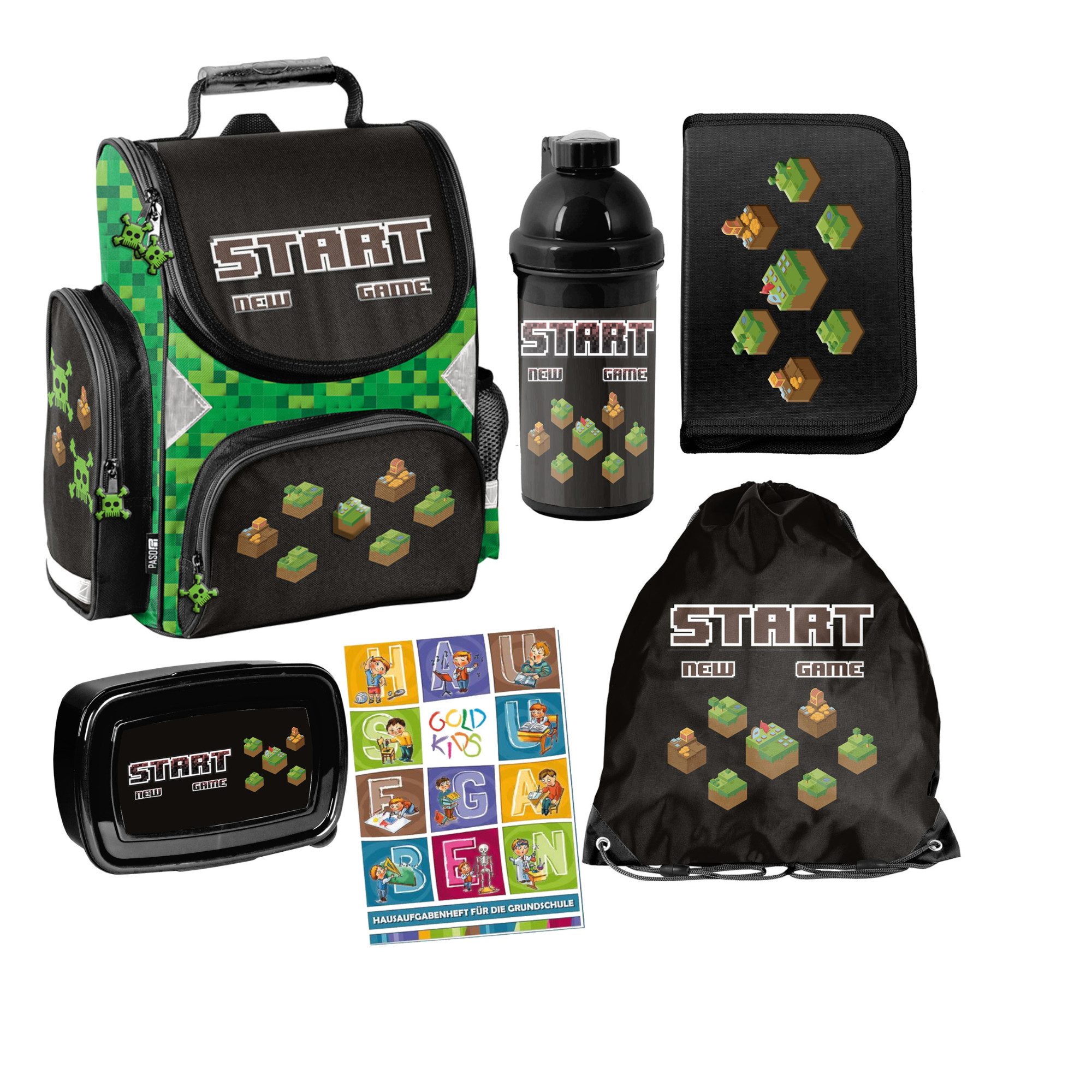 GOLDKIDS Schulranzen für Jungen und Mädchen, 6er-Set - (Schul-Rucksack für Kinder mit Federmäppchen -, 1-tlg., Schuhbeutel Trinkflasche und), Brotdose - Start Game Motiv- 1-3 Klasse