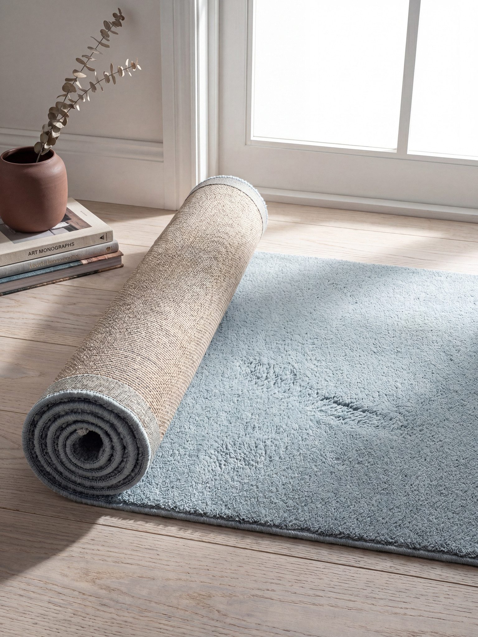 KADIMA DESIGN Teppich ALDAN Teppichläufer Blau 60x110 Uni Polyester Antirutsch Wohnzimmer, Läufer, Höhe: 18 mm, Trittschalldämmend, Strapazierfähig, Pflegeleich – Bild 3 von 4