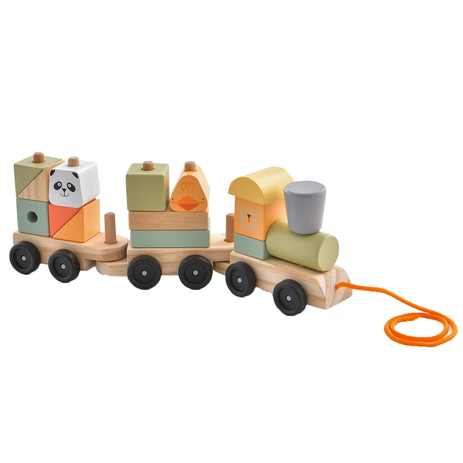 KOMFOTTEU Spielzeugeisenbahn-Set, mit Lokomotive, Tieren & stapelbaren Holzklötzen