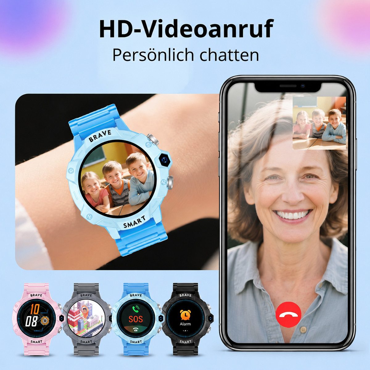 Vashoy Kinder Smartwatch 4G – mit HD-Videoanruf, KI-Echtzeitortung Smartwatch (4 cm/1.38 Zoll, RTOS) Spar-Set, 1-tlg., SOS-Notruf, IP67 wasserdicht, geschlossenes System ohne App-Store, für Jungen und Mädchen im Alter von 5 bis 16 Jahren