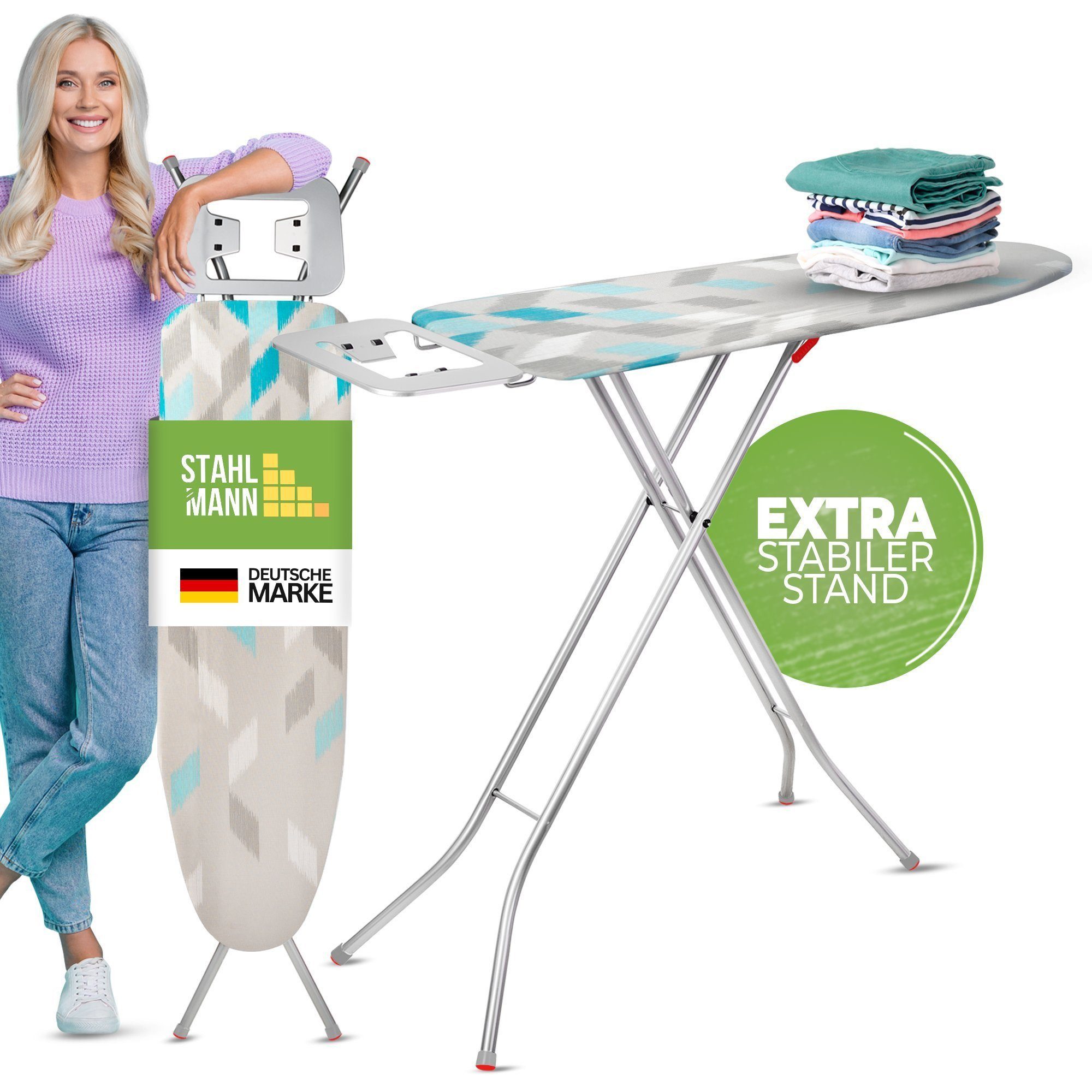STAHLMANN COMMERCE GmbH Bügelbrett !KAUFEMPFEHLUNG! extra groß mit rutschfesten Füßen, Bügelfläche 114,00x34,00 cm, Made in Europa - robuster Bügeltisch - Tischbügelbrett